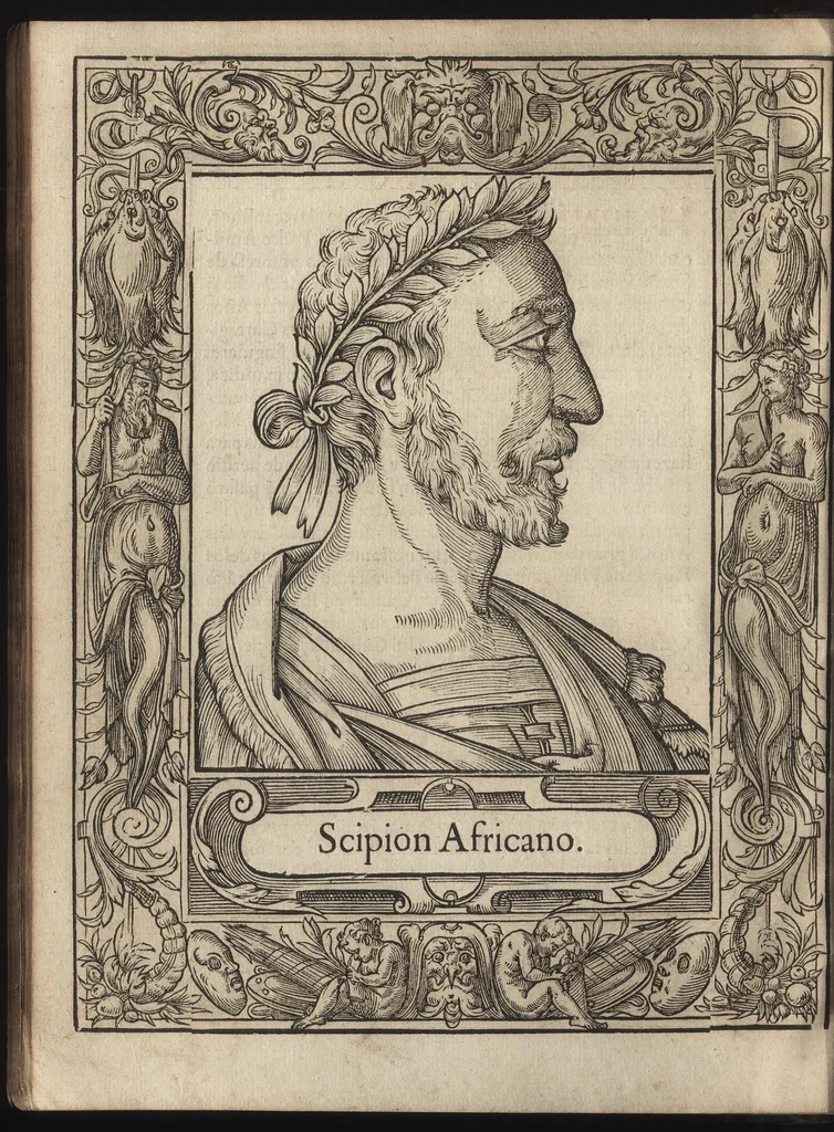 An illustration from Heroicos hechos, y vidas de varones yllvstres, asy Griegos, como Romanos, 1576, leaf 39