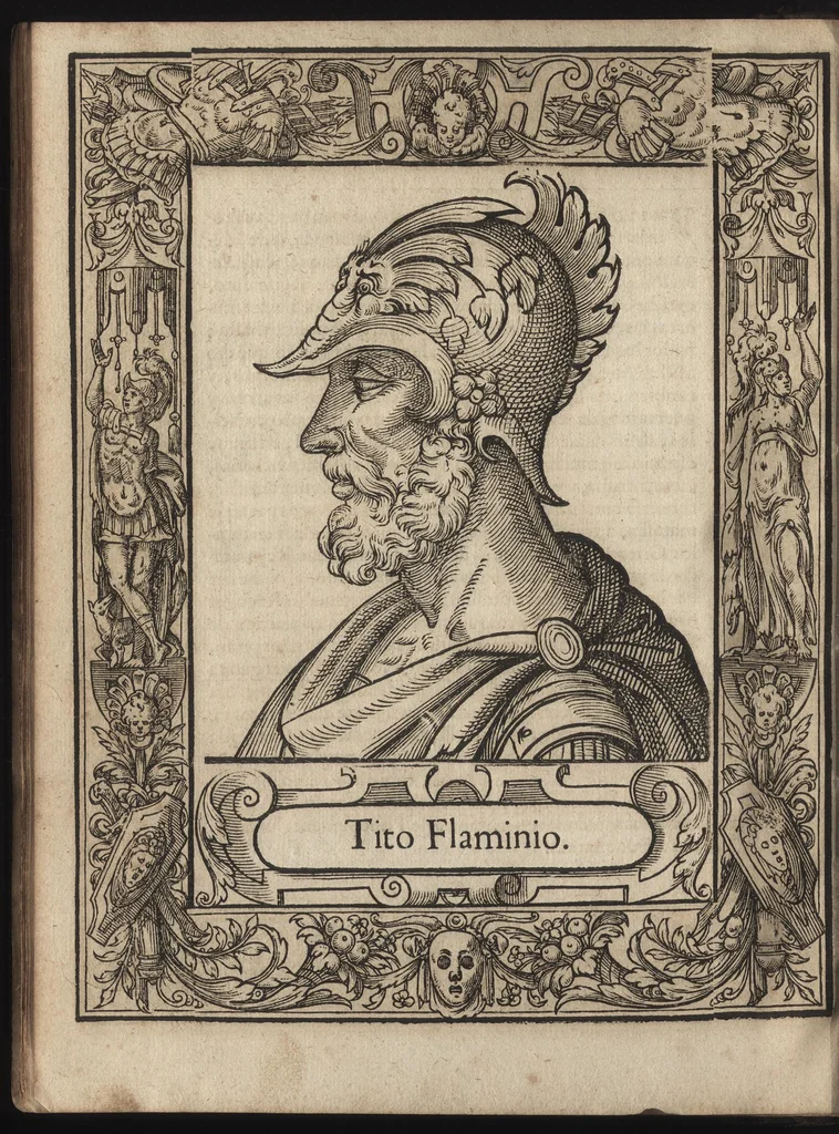 An illustration from Heroicos hechos, y vidas de varones yllvstres, asy Griegos, como Romanos, 1576, leaf 43