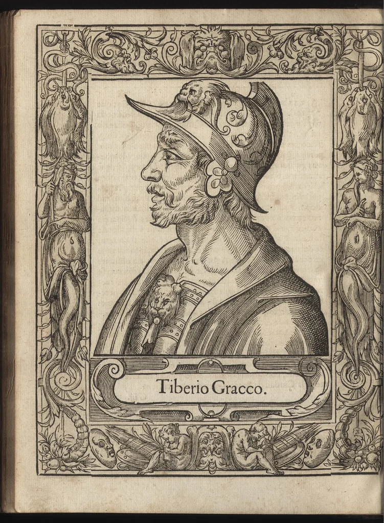 An illustration from Heroicos hechos, y vidas de varones yllvstres, asy Griegos, como Romanos, 1576, leaf 55