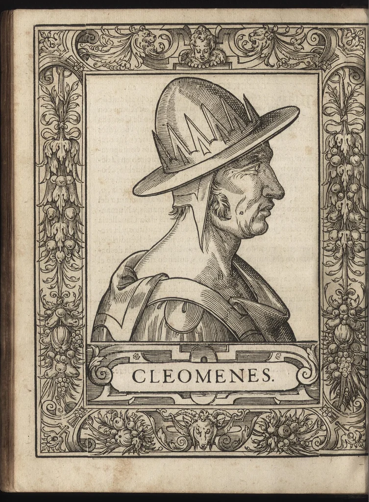 An illustration from Heroicos hechos, y vidas de varones yllvstres, asy Griegos, como Romanos, 1576, leaf 57