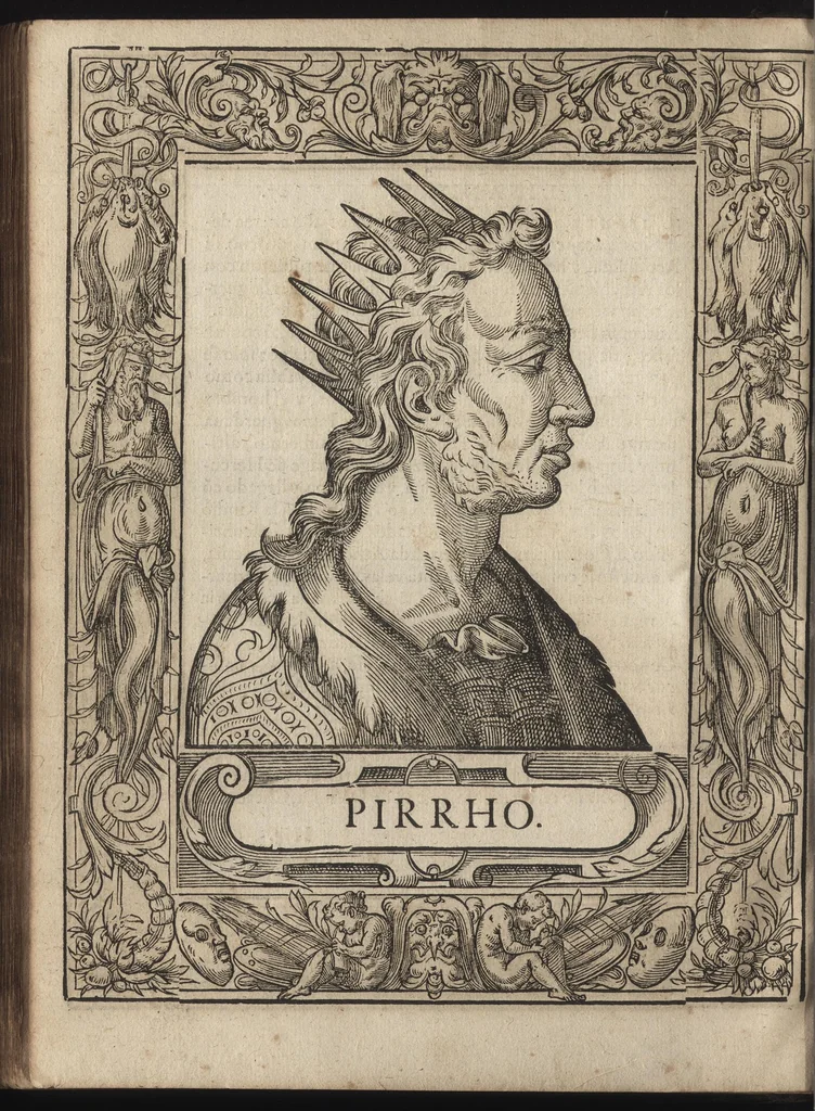 An illustration from Heroicos hechos, y vidas de varones yllvstres, asy Griegos, como Romanos, 1576, leaf 63
