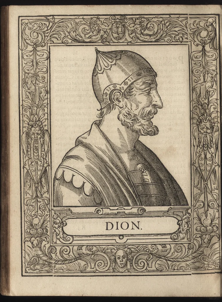 An illustration from Heroicos hechos, y vidas de varones yllvstres, asy Griegos, como Romanos, 1576, leaf 77