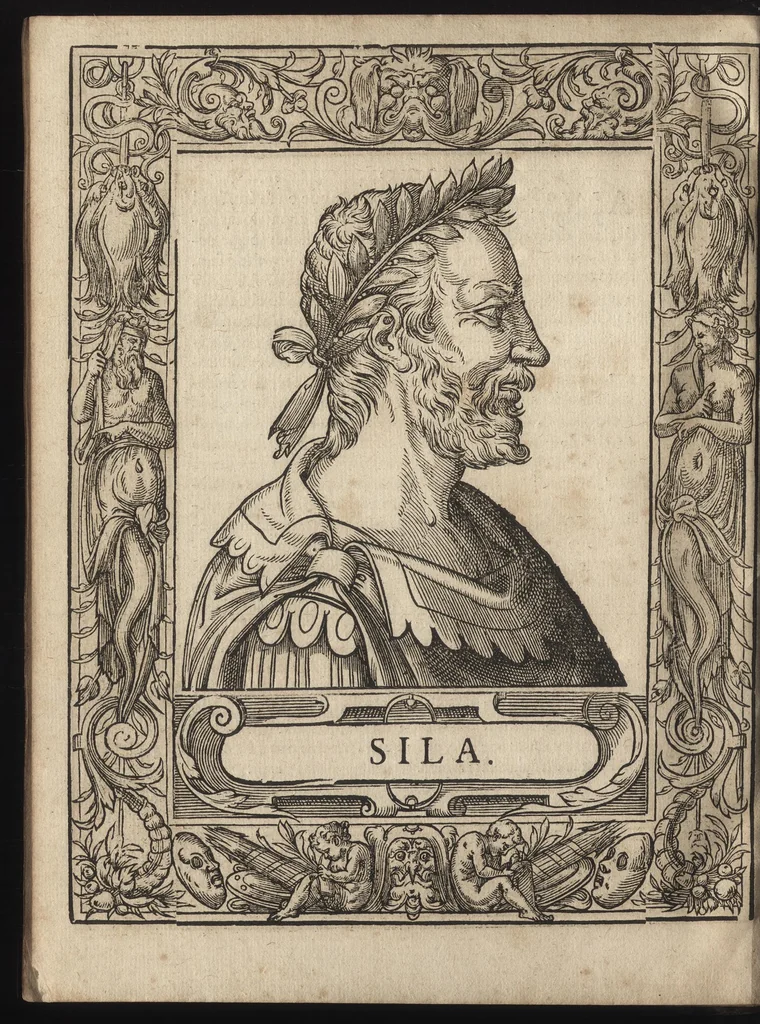 An illustration from Heroicos hechos, y vidas de varones yllvstres, asy Griegos, como Romanos, 1576, leaf 87