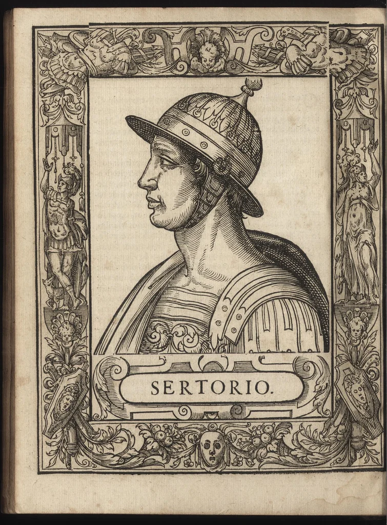 An illustration from Heroicos hechos, y vidas de varones yllvstres, asy Griegos, como Romanos, 1576, leaf 91
