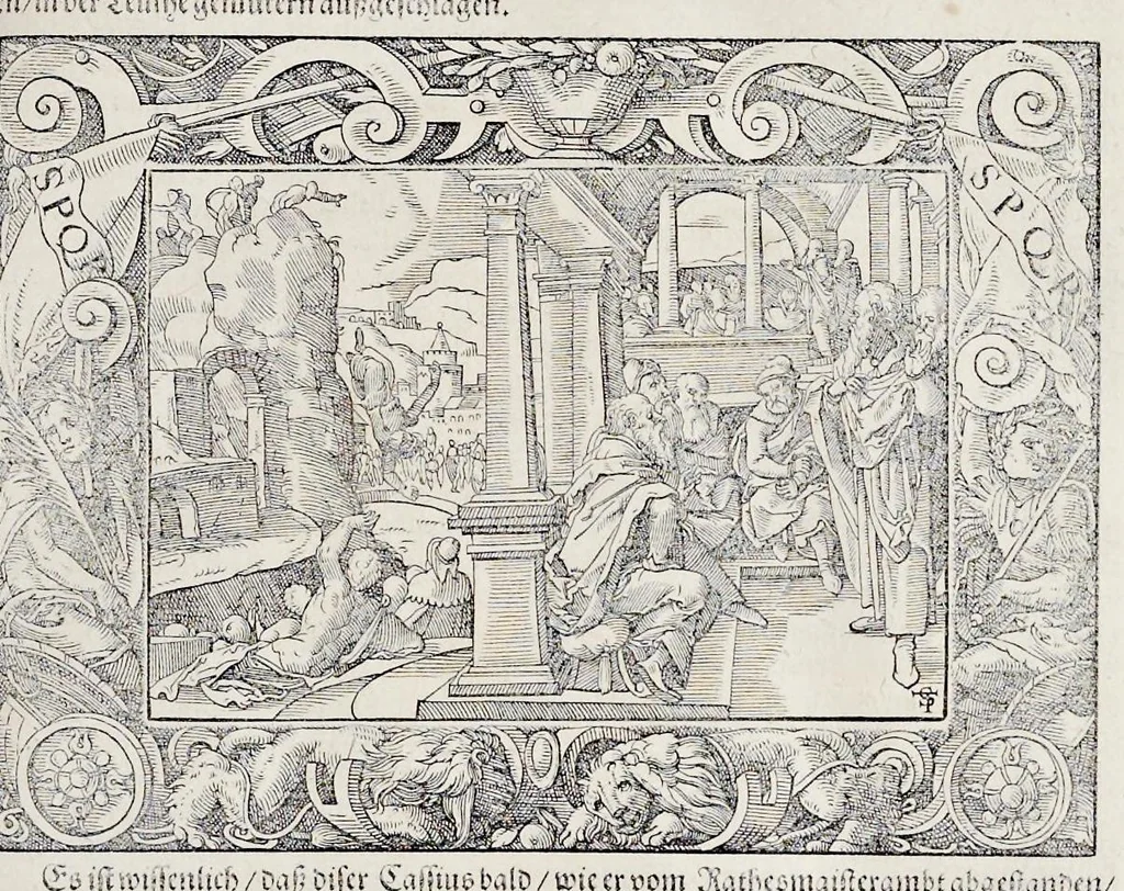 An illustration from Von Ankunfft vnnd Vrsprung des Römischen Reichs : der alten Römer Herkommen, Sitten, Weissheyt, Ehrbarkeyt, löblichem Regiment, Ritterlichen Thaten, Victori vnnd Sig gegen ihren Feinden : auch von allerley Händeln vñ Geschichten, so sich in Frid vnd Krieg, zu Rom, in Italia, vnd bei andern Nationen, damit die Römer jeder Zeit zu thuen gehabt, fast jnnerhalb achthundert Jaren, von Erbawung der Statt an, erstlich vnter der Könige vnnd volgends vnter der Rathesmaister Regiment, biss auff der ersten Römischen Keyser Regierung verloffen vnd zugetragen : jetzund auff dass newe auss dem Latein verteutscht, vnd mit ordenlicher Verzeychniss der fürnemsten Historien, Jarrechnung, kurtzer Liuischen Chronica, Register, vnd schönen Figuren geziert, dessgleichen vor hin im Truck nie aussgangen, 1574, leaf 122
