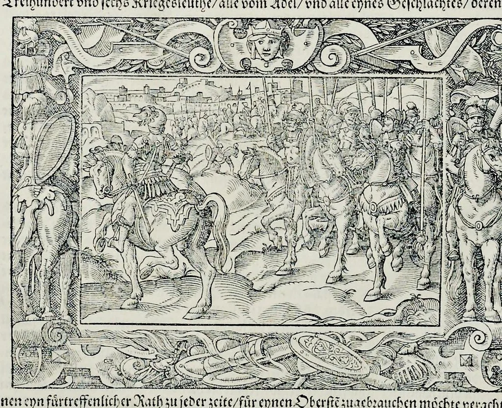 An illustration from Von Ankunfft vnnd Vrsprung des Römischen Reichs : der alten Römer Herkommen, Sitten, Weissheyt, Ehrbarkeyt, löblichem Regiment, Ritterlichen Thaten, Victori vnnd Sig gegen ihren Feinden : auch von allerley Händeln vñ Geschichten, so sich in Frid vnd Krieg, zu Rom, in Italia, vnd bei andern Nationen, damit die Römer jeder Zeit zu thuen gehabt, fast jnnerhalb achthundert Jaren, von Erbawung der Statt an, erstlich vnter der Könige vnnd volgends vnter der Rathesmaister Regiment, biss auff der ersten Römischen Keyser Regierung verloffen vnd zugetragen : jetzund auff dass newe auss dem Latein verteutscht, vnd mit ordenlicher Verzeychniss der fürnemsten Historien, Jarrechnung, kurtzer Liuischen Chronica, Register, vnd schönen Figuren geziert, dessgleichen vor hin im Truck nie aussgangen, 1574, leaf 129