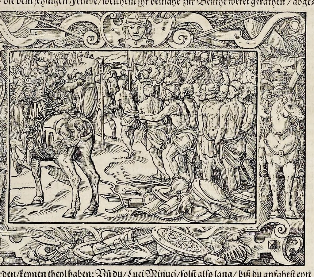 An illustration from Von Ankunfft vnnd Vrsprung des Römischen Reichs : der alten Römer Herkommen, Sitten, Weissheyt, Ehrbarkeyt, löblichem Regiment, Ritterlichen Thaten, Victori vnnd Sig gegen ihren Feinden : auch von allerley Händeln vñ Geschichten, so sich in Frid vnd Krieg, zu Rom, in Italia, vnd bei andern Nationen, damit die Römer jeder Zeit zu thuen gehabt, fast jnnerhalb achthundert Jaren, von Erbawung der Statt an, erstlich vnter der Könige vnnd volgends vnter der Rathesmaister Regiment, biss auff der ersten Römischen Keyser Regierung verloffen vnd zugetragen : jetzund auff dass newe auss dem Latein verteutscht, vnd mit ordenlicher Verzeychniss der fürnemsten Historien, Jarrechnung, kurtzer Liuischen Chronica, Register, vnd schönen Figuren geziert, dessgleichen vor hin im Truck nie aussgangen, 1574, leaf 164