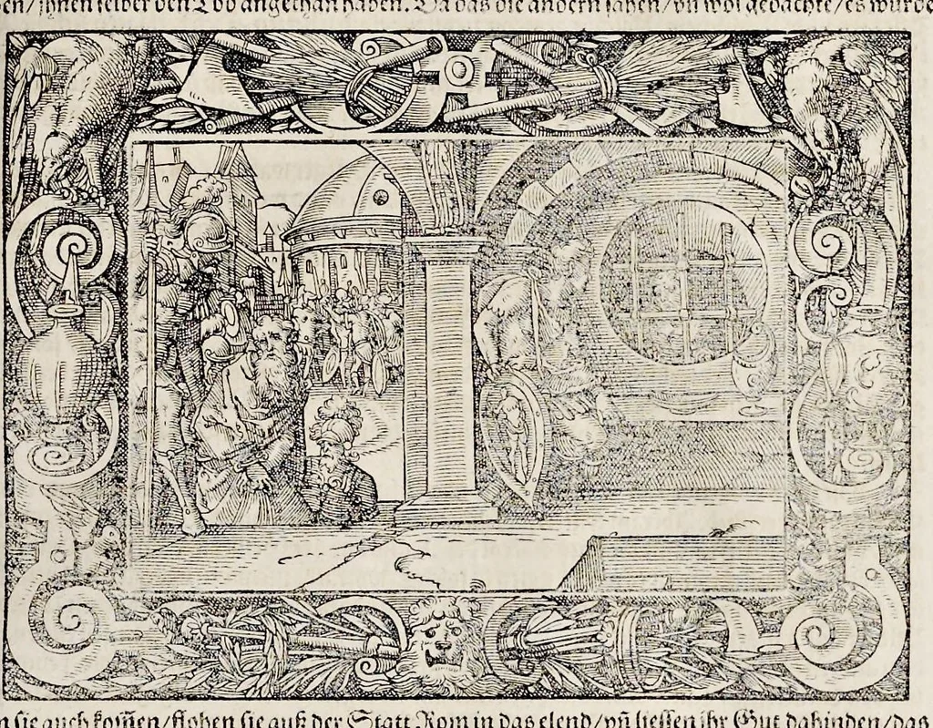 An illustration from Von Ankunfft vnnd Vrsprung des Römischen Reichs : der alten Römer Herkommen, Sitten, Weissheyt, Ehrbarkeyt, löblichem Regiment, Ritterlichen Thaten, Victori vnnd Sig gegen ihren Feinden : auch von allerley Händeln vñ Geschichten, so sich in Frid vnd Krieg, zu Rom, in Italia, vnd bei andern Nationen, damit die Römer jeder Zeit zu thuen gehabt, fast jnnerhalb achthundert Jaren, von Erbawung der Statt an, erstlich vnter der Könige vnnd volgends vnter der Rathesmaister Regiment, biss auff der ersten Römischen Keyser Regierung verloffen vnd zugetragen : jetzund auff dass newe auss dem Latein verteutscht, vnd mit ordenlicher Verzeychniss der fürnemsten Historien, Jarrechnung, kurtzer Liuischen Chronica, Register, vnd schönen Figuren geziert, dessgleichen vor hin im Truck nie aussgangen, 1574, leaf 172