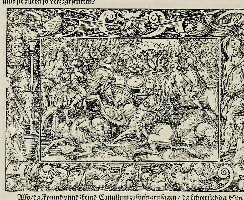 An illustration from Von Ankunfft vnnd Vrsprung des Römischen Reichs : der alten Römer Herkommen, Sitten, Weissheyt, Ehrbarkeyt, löblichem Regiment, Ritterlichen Thaten, Victori vnnd Sig gegen ihren Feinden : auch von allerley Händeln vñ Geschichten, so sich in Frid vnd Krieg, zu Rom, in Italia, vnd bei andern Nationen, damit die Römer jeder Zeit zu thuen gehabt, fast jnnerhalb achthundert Jaren, von Erbawung der Statt an, erstlich vnter der Könige vnnd volgends vnter der Rathesmaister Regiment, biss auff der ersten Römischen Keyser Regierung verloffen vnd zugetragen : jetzund auff dass newe auss dem Latein verteutscht, vnd mit ordenlicher Verzeychniss der fürnemsten Historien, Jarrechnung, kurtzer Liuischen Chronica, Register, vnd schönen Figuren geziert, dessgleichen vor hin im Truck nie aussgangen, 1574, leaf 195