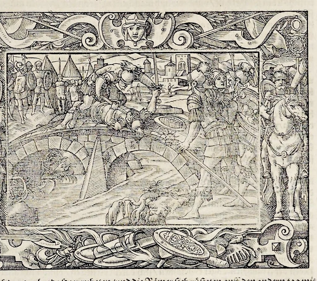 An illustration from Von Ankunfft vnnd Vrsprung des Römischen Reichs : der alten Römer Herkommen, Sitten, Weissheyt, Ehrbarkeyt, löblichem Regiment, Ritterlichen Thaten, Victori vnnd Sig gegen ihren Feinden : auch von allerley Händeln vñ Geschichten, so sich in Frid vnd Krieg, zu Rom, in Italia, vnd bei andern Nationen, damit die Römer jeder Zeit zu thuen gehabt, fast jnnerhalb achthundert Jaren, von Erbawung der Statt an, erstlich vnter der Könige vnnd volgends vnter der Rathesmaister Regiment, biss auff der ersten Römischen Keyser Regierung verloffen vnd zugetragen : jetzund auff dass newe auss dem Latein verteutscht, vnd mit ordenlicher Verzeychniss der fürnemsten Historien, Jarrechnung, kurtzer Liuischen Chronica, Register, vnd schönen Figuren geziert, dessgleichen vor hin im Truck nie aussgangen, 1574, leaf 204