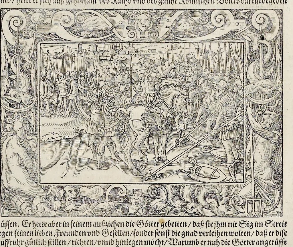 An illustration from Von Ankunfft vnnd Vrsprung des Römischen Reichs : der alten Römer Herkommen, Sitten, Weissheyt, Ehrbarkeyt, löblichem Regiment, Ritterlichen Thaten, Victori vnnd Sig gegen ihren Feinden : auch von allerley Händeln vñ Geschichten, so sich in Frid vnd Krieg, zu Rom, in Italia, vnd bei andern Nationen, damit die Römer jeder Zeit zu thuen gehabt, fast jnnerhalb achthundert Jaren, von Erbawung der Statt an, erstlich vnter der Könige vnnd volgends vnter der Rathesmaister Regiment, biss auff der ersten Römischen Keyser Regierung verloffen vnd zugetragen : jetzund auff dass newe auss dem Latein verteutscht, vnd mit ordenlicher Verzeychniss der fürnemsten Historien, Jarrechnung, kurtzer Liuischen Chronica, Register, vnd schönen Figuren geziert, dessgleichen vor hin im Truck nie aussgangen, 1574, leaf 214
