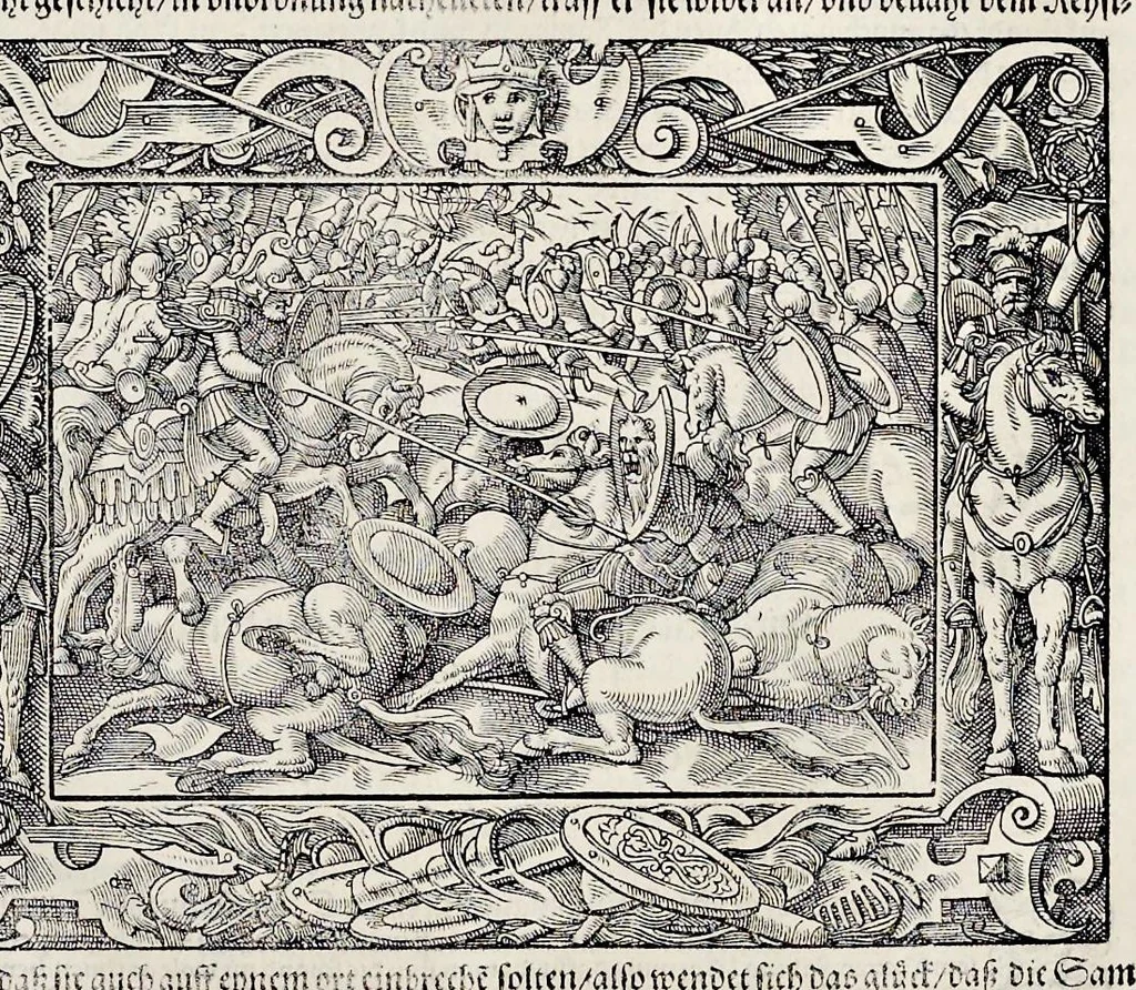An illustration from Von Ankunfft vnnd Vrsprung des Römischen Reichs : der alten Römer Herkommen, Sitten, Weissheyt, Ehrbarkeyt, löblichem Regiment, Ritterlichen Thaten, Victori vnnd Sig gegen ihren Feinden : auch von allerley Händeln vñ Geschichten, so sich in Frid vnd Krieg, zu Rom, in Italia, vnd bei andern Nationen, damit die Römer jeder Zeit zu thuen gehabt, fast jnnerhalb achthundert Jaren, von Erbawung der Statt an, erstlich vnter der Könige vnnd volgends vnter der Rathesmaister Regiment, biss auff der ersten Römischen Keyser Regierung verloffen vnd zugetragen : jetzund auff dass newe auss dem Latein verteutscht, vnd mit ordenlicher Verzeychniss der fürnemsten Historien, Jarrechnung, kurtzer Liuischen Chronica, Register, vnd schönen Figuren geziert, dessgleichen vor hin im Truck nie aussgangen, 1574, leaf 240