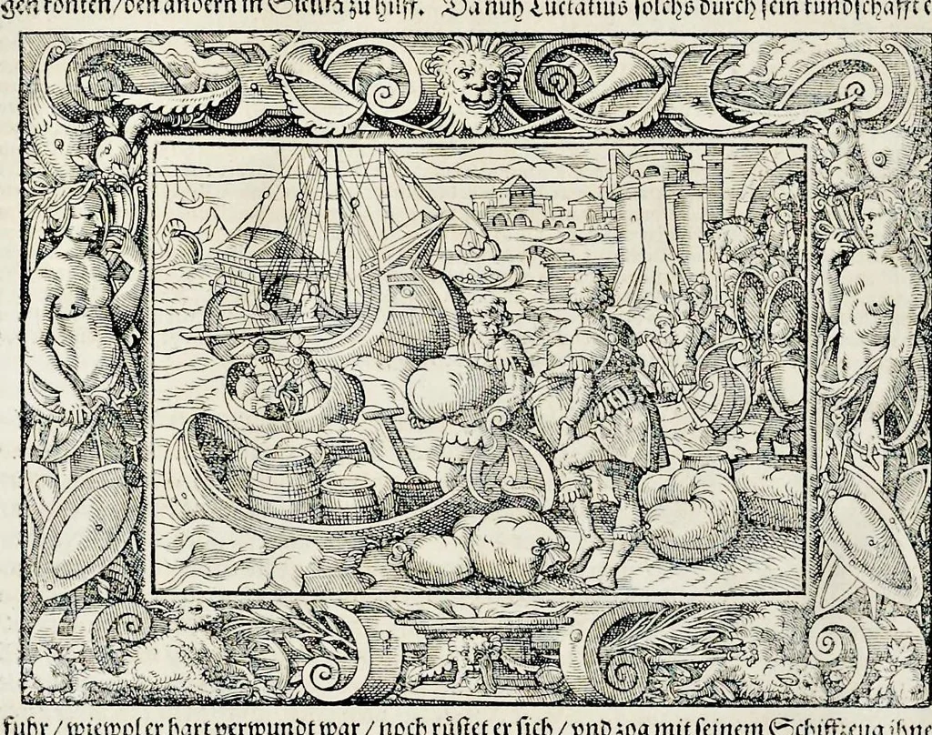 An illustration from Von Ankunfft vnnd Vrsprung des Römischen Reichs : der alten Römer Herkommen, Sitten, Weissheyt, Ehrbarkeyt, löblichem Regiment, Ritterlichen Thaten, Victori vnnd Sig gegen ihren Feinden : auch von allerley Händeln vñ Geschichten, so sich in Frid vnd Krieg, zu Rom, in Italia, vnd bei andern Nationen, damit die Römer jeder Zeit zu thuen gehabt, fast jnnerhalb achthundert Jaren, von Erbawung der Statt an, erstlich vnter der Könige vnnd volgends vnter der Rathesmaister Regiment, biss auff der ersten Römischen Keyser Regierung verloffen vnd zugetragen : jetzund auff dass newe auss dem Latein verteutscht, vnd mit ordenlicher Verzeychniss der fürnemsten Historien, Jarrechnung, kurtzer Liuischen Chronica, Register, vnd schönen Figuren geziert, dessgleichen vor hin im Truck nie aussgangen, 1574, leaf 261