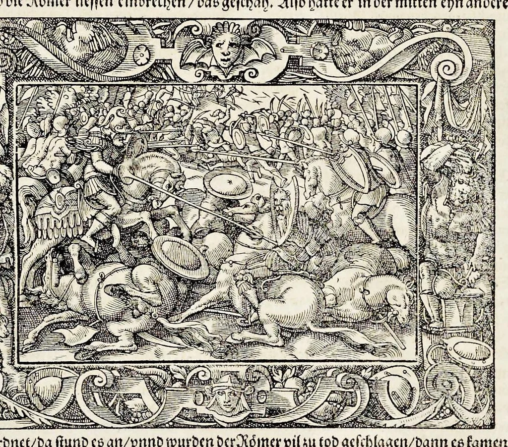 An illustration from Von Ankunfft vnnd Vrsprung des Römischen Reichs : der alten Römer Herkommen, Sitten, Weissheyt, Ehrbarkeyt, löblichem Regiment, Ritterlichen Thaten, Victori vnnd Sig gegen ihren Feinden : auch von allerley Händeln vñ Geschichten, so sich in Frid vnd Krieg, zu Rom, in Italia, vnd bei andern Nationen, damit die Römer jeder Zeit zu thuen gehabt, fast jnnerhalb achthundert Jaren, von Erbawung der Statt an, erstlich vnter der Könige vnnd volgends vnter der Rathesmaister Regiment, biss auff der ersten Römischen Keyser Regierung verloffen vnd zugetragen : jetzund auff dass newe auss dem Latein verteutscht, vnd mit ordenlicher Verzeychniss der fürnemsten Historien, Jarrechnung, kurtzer Liuischen Chronica, Register, vnd schönen Figuren geziert, dessgleichen vor hin im Truck nie aussgangen, 1574, leaf 292