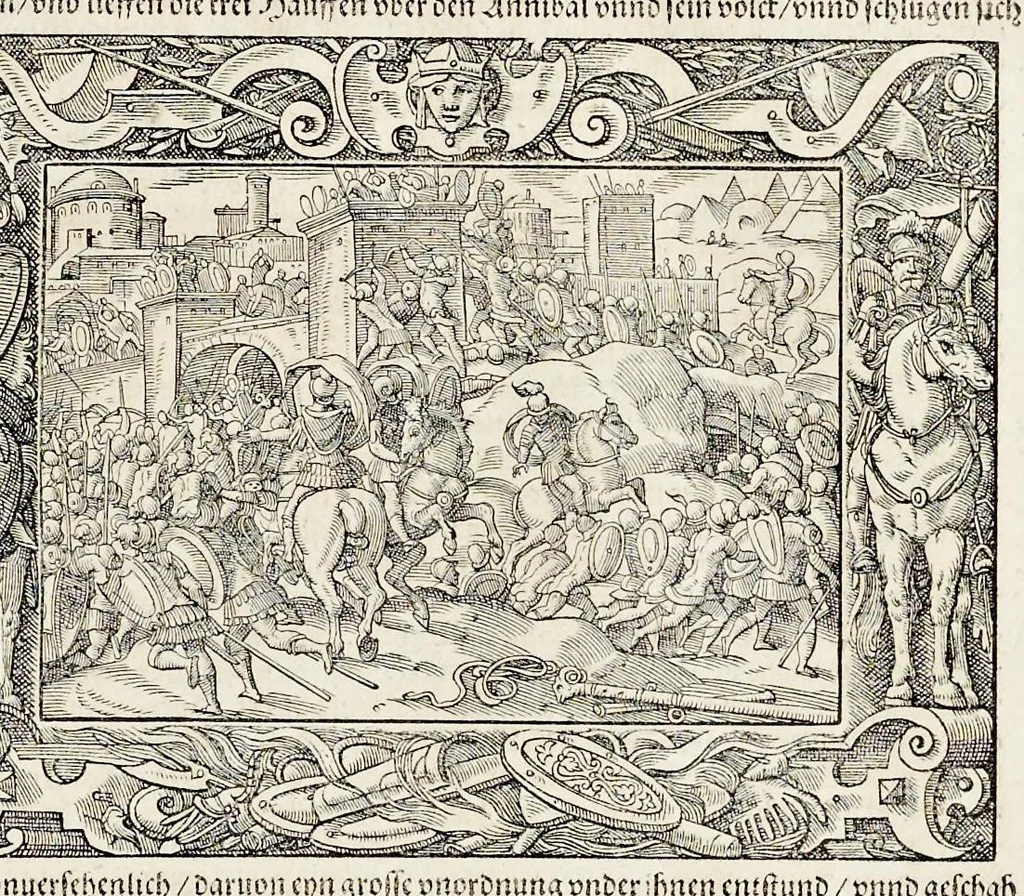 An illustration from Von Ankunfft vnnd Vrsprung des Römischen Reichs : der alten Römer Herkommen, Sitten, Weissheyt, Ehrbarkeyt, löblichem Regiment, Ritterlichen Thaten, Victori vnnd Sig gegen ihren Feinden : auch von allerley Händeln vñ Geschichten, so sich in Frid vnd Krieg, zu Rom, in Italia, vnd bei andern Nationen, damit die Römer jeder Zeit zu thuen gehabt, fast jnnerhalb achthundert Jaren, von Erbawung der Statt an, erstlich vnter der Könige vnnd volgends vnter der Rathesmaister Regiment, biss auff der ersten Römischen Keyser Regierung verloffen vnd zugetragen : jetzund auff dass newe auss dem Latein verteutscht, vnd mit ordenlicher Verzeychniss der fürnemsten Historien, Jarrechnung, kurtzer Liuischen Chronica, Register, vnd schönen Figuren geziert, dessgleichen vor hin im Truck nie aussgangen, 1574, leaf 298