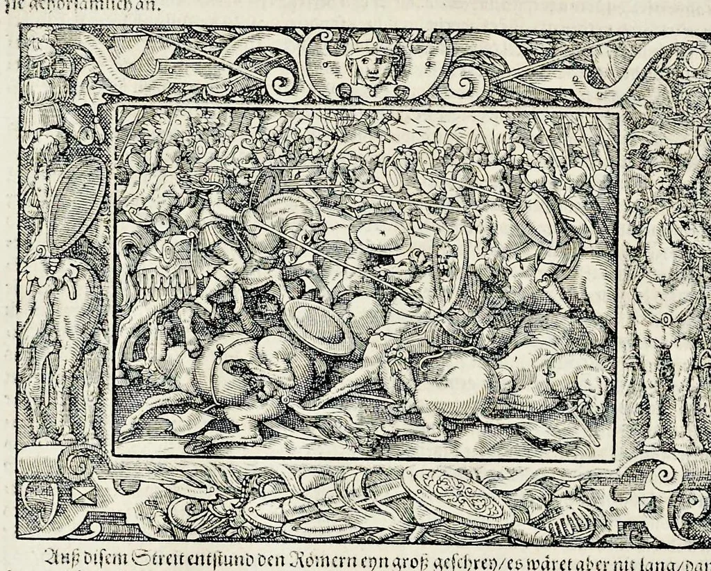 An illustration from Von Ankunfft vnnd Vrsprung des Römischen Reichs : der alten Römer Herkommen, Sitten, Weissheyt, Ehrbarkeyt, löblichem Regiment, Ritterlichen Thaten, Victori vnnd Sig gegen ihren Feinden : auch von allerley Händeln vñ Geschichten, so sich in Frid vnd Krieg, zu Rom, in Italia, vnd bei andern Nationen, damit die Römer jeder Zeit zu thuen gehabt, fast jnnerhalb achthundert Jaren, von Erbawung der Statt an, erstlich vnter der Könige vnnd volgends vnter der Rathesmaister Regiment, biss auff der ersten Römischen Keyser Regierung verloffen vnd zugetragen : jetzund auff dass newe auss dem Latein verteutscht, vnd mit ordenlicher Verzeychniss der fürnemsten Historien, Jarrechnung, kurtzer Liuischen Chronica, Register, vnd schönen Figuren geziert, dessgleichen vor hin im Truck nie aussgangen, 1574, leaf 311