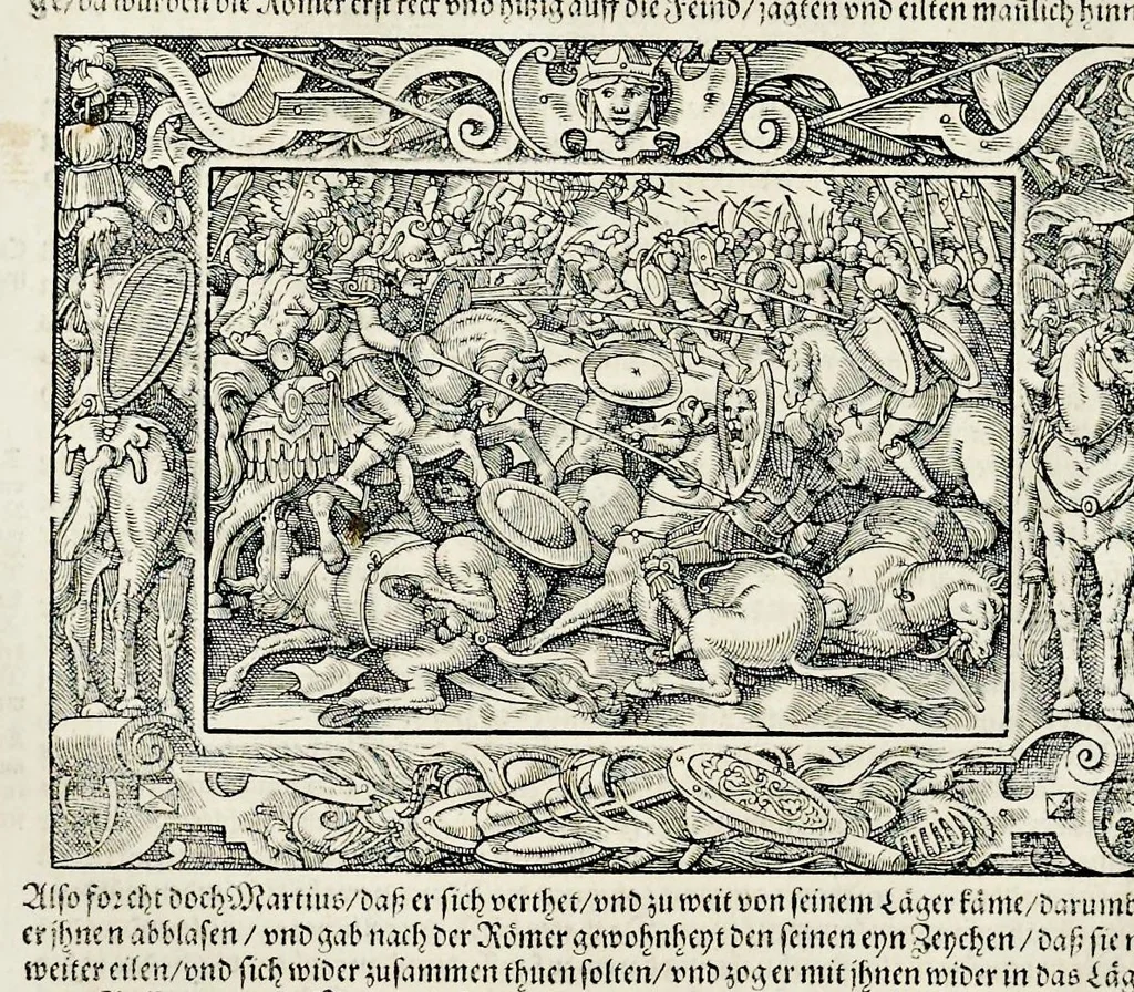 An illustration from Von Ankunfft vnnd Vrsprung des Römischen Reichs : der alten Römer Herkommen, Sitten, Weissheyt, Ehrbarkeyt, löblichem Regiment, Ritterlichen Thaten, Victori vnnd Sig gegen ihren Feinden : auch von allerley Händeln vñ Geschichten, so sich in Frid vnd Krieg, zu Rom, in Italia, vnd bei andern Nationen, damit die Römer jeder Zeit zu thuen gehabt, fast jnnerhalb achthundert Jaren, von Erbawung der Statt an, erstlich vnter der Könige vnnd volgends vnter der Rathesmaister Regiment, biss auff der ersten Römischen Keyser Regierung verloffen vnd zugetragen : jetzund auff dass newe auss dem Latein verteutscht, vnd mit ordenlicher Verzeychniss der fürnemsten Historien, Jarrechnung, kurtzer Liuischen Chronica, Register, vnd schönen Figuren geziert, dessgleichen vor hin im Truck nie aussgangen, 1574, leaf 327