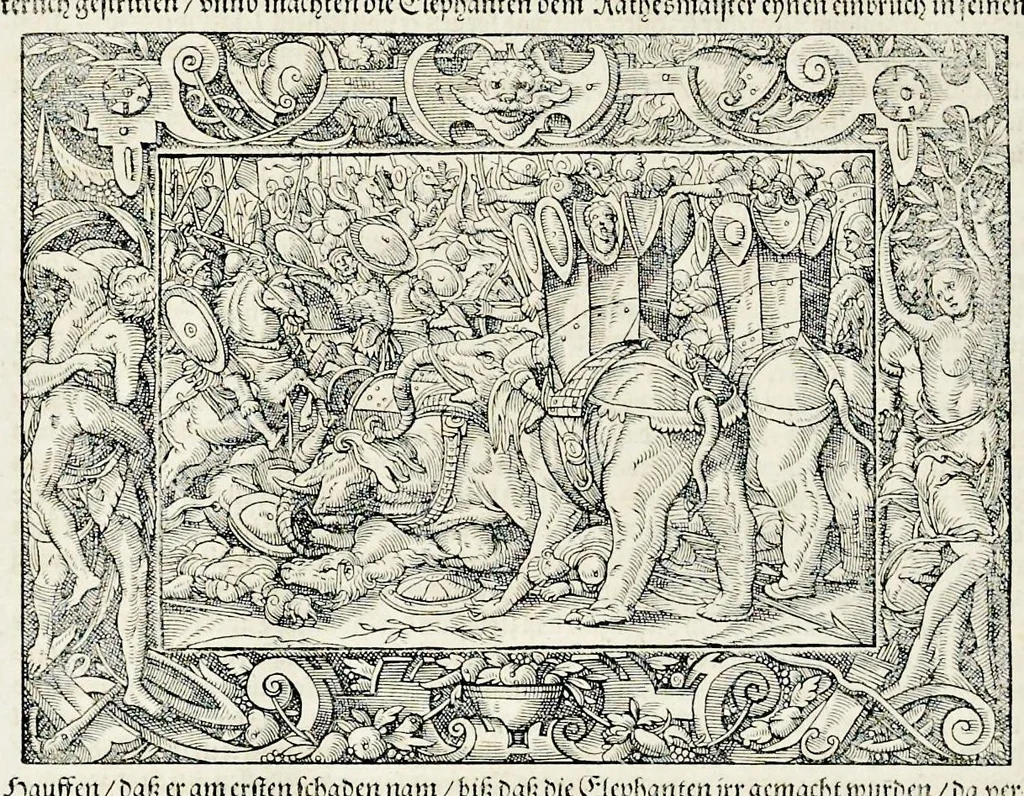 An illustration from Von Ankunfft vnnd Vrsprung des Römischen Reichs : der alten Römer Herkommen, Sitten, Weissheyt, Ehrbarkeyt, löblichem Regiment, Ritterlichen Thaten, Victori vnnd Sig gegen ihren Feinden : auch von allerley Händeln vñ Geschichten, so sich in Frid vnd Krieg, zu Rom, in Italia, vnd bei andern Nationen, damit die Römer jeder Zeit zu thuen gehabt, fast jnnerhalb achthundert Jaren, von Erbawung der Statt an, erstlich vnter der Könige vnnd volgends vnter der Rathesmaister Regiment, biss auff der ersten Römischen Keyser Regierung verloffen vnd zugetragen : jetzund auff dass newe auss dem Latein verteutscht, vnd mit ordenlicher Verzeychniss der fürnemsten Historien, Jarrechnung, kurtzer Liuischen Chronica, Register, vnd schönen Figuren geziert, dessgleichen vor hin im Truck nie aussgangen, 1574, leaf 351