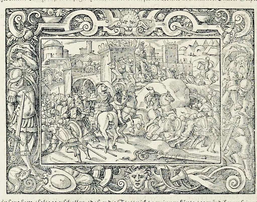 An illustration from Von Ankunfft vnnd Vrsprung des Römischen Reichs : der alten Römer Herkommen, Sitten, Weissheyt, Ehrbarkeyt, löblichem Regiment, Ritterlichen Thaten, Victori vnnd Sig gegen ihren Feinden : auch von allerley Händeln vñ Geschichten, so sich in Frid vnd Krieg, zu Rom, in Italia, vnd bei andern Nationen, damit die Römer jeder Zeit zu thuen gehabt, fast jnnerhalb achthundert Jaren, von Erbawung der Statt an, erstlich vnter der Könige vnnd volgends vnter der Rathesmaister Regiment, biss auff der ersten Römischen Keyser Regierung verloffen vnd zugetragen : jetzund auff dass newe auss dem Latein verteutscht, vnd mit ordenlicher Verzeychniss der fürnemsten Historien, Jarrechnung, kurtzer Liuischen Chronica, Register, vnd schönen Figuren geziert, dessgleichen vor hin im Truck nie aussgangen, 1574, leaf 357