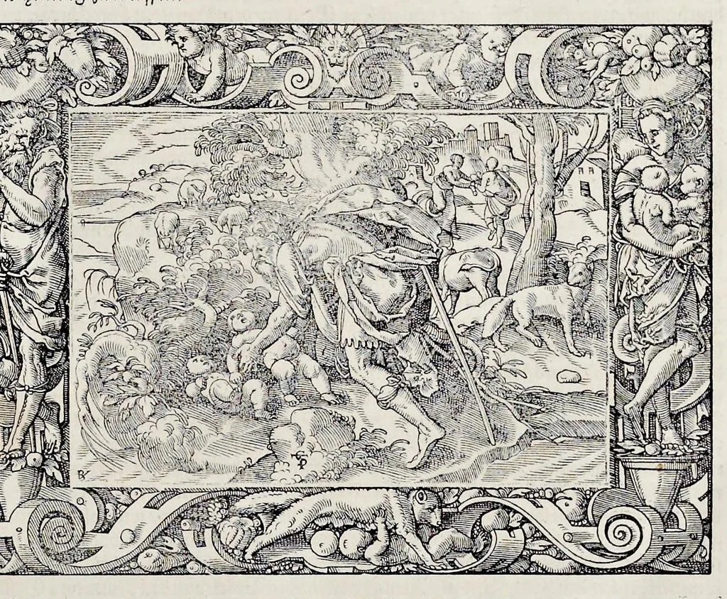 An illustration from Von Ankunfft vnnd Vrsprung des Römischen Reichs : der alten Römer Herkommen, Sitten, Weissheyt, Ehrbarkeyt, löblichem Regiment, Ritterlichen Thaten, Victori vnnd Sig gegen ihren Feinden : auch von allerley Händeln vñ Geschichten, so sich in Frid vnd Krieg, zu Rom, in Italia, vnd bei andern Nationen, damit die Römer jeder Zeit zu thuen gehabt, fast jnnerhalb achthundert Jaren, von Erbawung der Statt an, erstlich vnter der Könige vnnd volgends vnter der Rathesmaister Regiment, biss auff der ersten Römischen Keyser Regierung verloffen vnd zugetragen : jetzund auff dass newe auss dem Latein verteutscht, vnd mit ordenlicher Verzeychniss der fürnemsten Historien, Jarrechnung, kurtzer Liuischen Chronica, Register, vnd schönen Figuren geziert, dessgleichen vor hin im Truck nie aussgangen, 1574, leaf 36