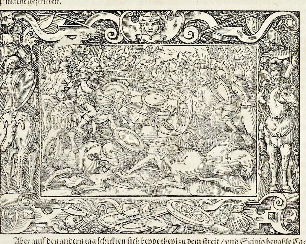 An illustration from Von Ankunfft vnnd Vrsprung des Römischen Reichs : der alten Römer Herkommen, Sitten, Weissheyt, Ehrbarkeyt, löblichem Regiment, Ritterlichen Thaten, Victori vnnd Sig gegen ihren Feinden : auch von allerley Händeln vñ Geschichten, so sich in Frid vnd Krieg, zu Rom, in Italia, vnd bei andern Nationen, damit die Römer jeder Zeit zu thuen gehabt, fast jnnerhalb achthundert Jaren, von Erbawung der Statt an, erstlich vnter der Könige vnnd volgends vnter der Rathesmaister Regiment, biss auff der ersten Römischen Keyser Regierung verloffen vnd zugetragen : jetzund auff dass newe auss dem Latein verteutscht, vnd mit ordenlicher Verzeychniss der fürnemsten Historien, Jarrechnung, kurtzer Liuischen Chronica, Register, vnd schönen Figuren geziert, dessgleichen vor hin im Truck nie aussgangen, 1574, leaf 364
