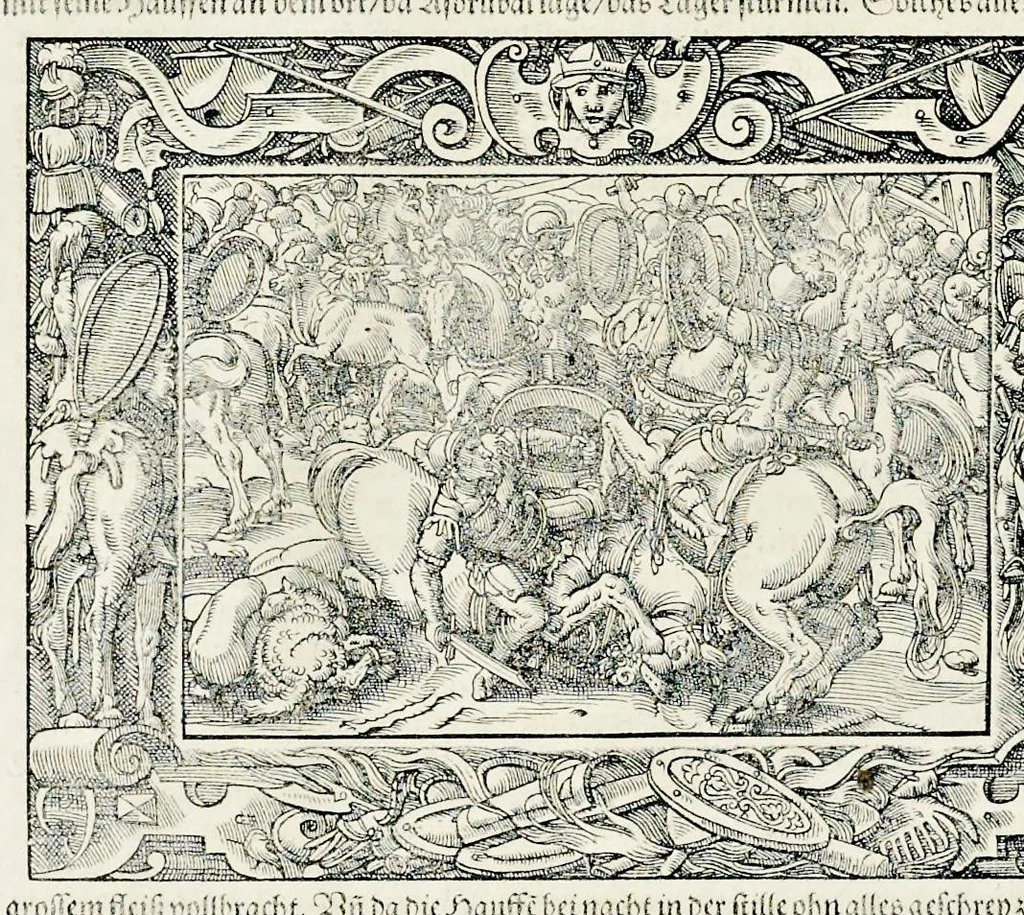 An illustration from Von Ankunfft vnnd Vrsprung des Römischen Reichs : der alten Römer Herkommen, Sitten, Weissheyt, Ehrbarkeyt, löblichem Regiment, Ritterlichen Thaten, Victori vnnd Sig gegen ihren Feinden : auch von allerley Händeln vñ Geschichten, so sich in Frid vnd Krieg, zu Rom, in Italia, vnd bei andern Nationen, damit die Römer jeder Zeit zu thuen gehabt, fast jnnerhalb achthundert Jaren, von Erbawung der Statt an, erstlich vnter der Könige vnnd volgends vnter der Rathesmaister Regiment, biss auff der ersten Römischen Keyser Regierung verloffen vnd zugetragen : jetzund auff dass newe auss dem Latein verteutscht, vnd mit ordenlicher Verzeychniss der fürnemsten Historien, Jarrechnung, kurtzer Liuischen Chronica, Register, vnd schönen Figuren geziert, dessgleichen vor hin im Truck nie aussgangen, 1574, leaf 379