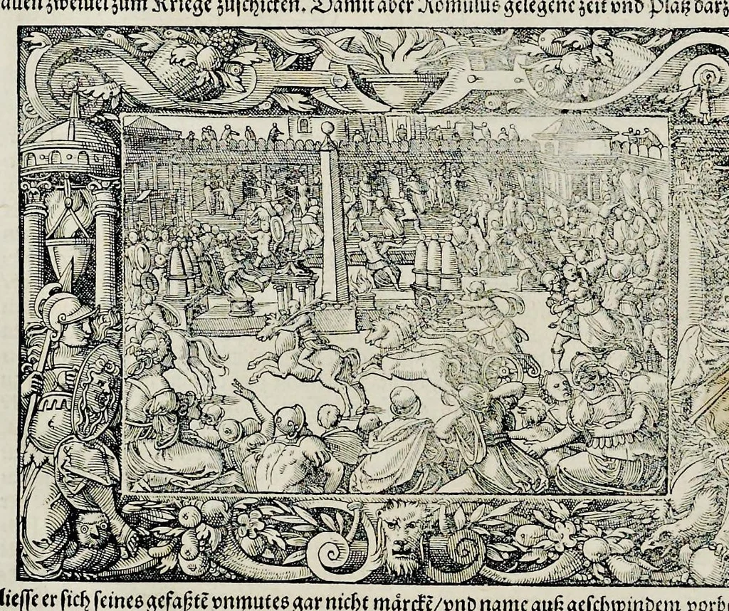 An illustration from Von Ankunfft vnnd Vrsprung des Römischen Reichs : der alten Römer Herkommen, Sitten, Weissheyt, Ehrbarkeyt, löblichem Regiment, Ritterlichen Thaten, Victori vnnd Sig gegen ihren Feinden : auch von allerley Händeln vñ Geschichten, so sich in Frid vnd Krieg, zu Rom, in Italia, vnd bei andern Nationen, damit die Römer jeder Zeit zu thuen gehabt, fast jnnerhalb achthundert Jaren, von Erbawung der Statt an, erstlich vnter der Könige vnnd volgends vnter der Rathesmaister Regiment, biss auff der ersten Römischen Keyser Regierung verloffen vnd zugetragen : jetzund auff dass newe auss dem Latein verteutscht, vnd mit ordenlicher Verzeychniss der fürnemsten Historien, Jarrechnung, kurtzer Liuischen Chronica, Register, vnd schönen Figuren geziert, dessgleichen vor hin im Truck nie aussgangen, 1574, leaf 41
