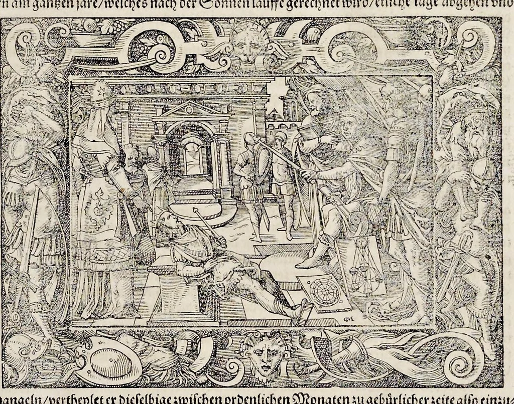 An illustration from Von Ankunfft vnnd Vrsprung des Römischen Reichs : der alten Römer Herkommen, Sitten, Weissheyt, Ehrbarkeyt, löblichem Regiment, Ritterlichen Thaten, Victori vnnd Sig gegen ihren Feinden : auch von allerley Händeln vñ Geschichten, so sich in Frid vnd Krieg, zu Rom, in Italia, vnd bei andern Nationen, damit die Römer jeder Zeit zu thuen gehabt, fast jnnerhalb achthundert Jaren, von Erbawung der Statt an, erstlich vnter der Könige vnnd volgends vnter der Rathesmaister Regiment, biss auff der ersten Römischen Keyser Regierung verloffen vnd zugetragen : jetzund auff dass newe auss dem Latein verteutscht, vnd mit ordenlicher Verzeychniss der fürnemsten Historien, Jarrechnung, kurtzer Liuischen Chronica, Register, vnd schönen Figuren geziert, dessgleichen vor hin im Truck nie aussgangen, 1574, leaf 50