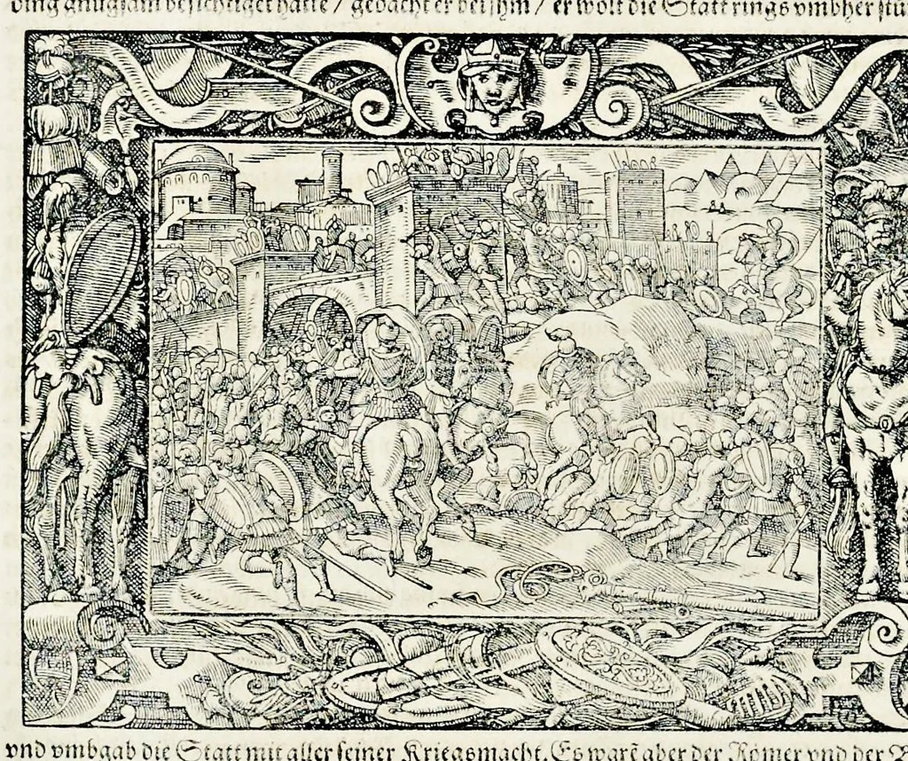 An illustration from Von Ankunfft vnnd Vrsprung des Römischen Reichs : der alten Römer Herkommen, Sitten, Weissheyt, Ehrbarkeyt, löblichem Regiment, Ritterlichen Thaten, Victori vnnd Sig gegen ihren Feinden : auch von allerley Händeln vñ Geschichten, so sich in Frid vnd Krieg, zu Rom, in Italia, vnd bei andern Nationen, damit die Römer jeder Zeit zu thuen gehabt, fast jnnerhalb achthundert Jaren, von Erbawung der Statt an, erstlich vnter der Könige vnnd volgends vnter der Rathesmaister Regiment, biss auff der ersten Römischen Keyser Regierung verloffen vnd zugetragen : jetzund auff dass newe auss dem Latein verteutscht, vnd mit ordenlicher Verzeychniss der fürnemsten Historien, Jarrechnung, kurtzer Liuischen Chronica, Register, vnd schönen Figuren geziert, dessgleichen vor hin im Truck nie aussgangen, 1574, leaf 505