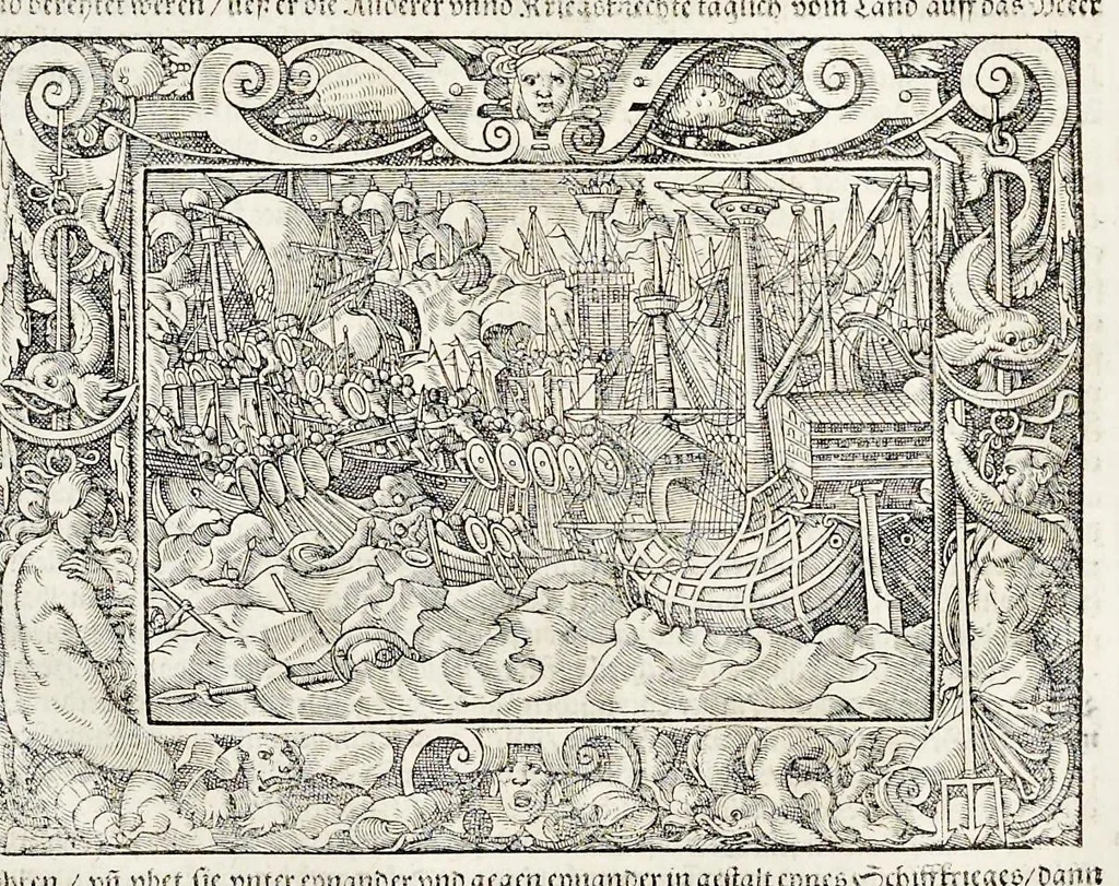 An illustration from Von Ankunfft vnnd Vrsprung des Römischen Reichs : der alten Römer Herkommen, Sitten, Weissheyt, Ehrbarkeyt, löblichem Regiment, Ritterlichen Thaten, Victori vnnd Sig gegen ihren Feinden : auch von allerley Händeln vñ Geschichten, so sich in Frid vnd Krieg, zu Rom, in Italia, vnd bei andern Nationen, damit die Römer jeder Zeit zu thuen gehabt, fast jnnerhalb achthundert Jaren, von Erbawung der Statt an, erstlich vnter der Könige vnnd volgends vnter der Rathesmaister Regiment, biss auff der ersten Römischen Keyser Regierung verloffen vnd zugetragen : jetzund auff dass newe auss dem Latein verteutscht, vnd mit ordenlicher Verzeychniss der fürnemsten Historien, Jarrechnung, kurtzer Liuischen Chronica, Register, vnd schönen Figuren geziert, dessgleichen vor hin im Truck nie aussgangen, 1574, leaf 534