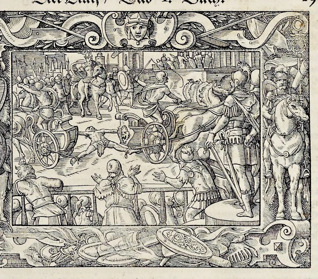 An illustration from Von Ankunfft vnnd Vrsprung des Römischen Reichs : der alten Römer Herkommen, Sitten, Weissheyt, Ehrbarkeyt, löblichem Regiment, Ritterlichen Thaten, Victori vnnd Sig gegen ihren Feinden : auch von allerley Händeln vñ Geschichten, so sich in Frid vnd Krieg, zu Rom, in Italia, vnd bei andern Nationen, damit die Römer jeder Zeit zu thuen gehabt, fast jnnerhalb achthundert Jaren, von Erbawung der Statt an, erstlich vnter der Könige vnnd volgends vnter der Rathesmaister Regiment, biss auff der ersten Römischen Keyser Regierung verloffen vnd zugetragen : jetzund auff dass newe auss dem Latein verteutscht, vnd mit ordenlicher Verzeychniss der fürnemsten Historien, Jarrechnung, kurtzer Liuischen Chronica, Register, vnd schönen Figuren geziert, dessgleichen vor hin im Truck nie aussgangen, 1574, leaf 60