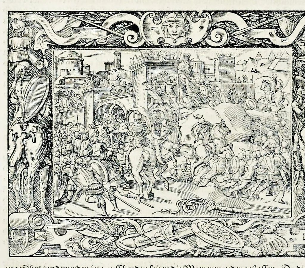 An illustration from Von Ankunfft vnnd Vrsprung des Römischen Reichs : der alten Römer Herkommen, Sitten, Weissheyt, Ehrbarkeyt, löblichem Regiment, Ritterlichen Thaten, Victori vnnd Sig gegen ihren Feinden : auch von allerley Händeln vñ Geschichten, so sich in Frid vnd Krieg, zu Rom, in Italia, vnd bei andern Nationen, damit die Römer jeder Zeit zu thuen gehabt, fast jnnerhalb achthundert Jaren, von Erbawung der Statt an, erstlich vnter der Könige vnnd volgends vnter der Rathesmaister Regiment, biss auff der ersten Römischen Keyser Regierung verloffen vnd zugetragen : jetzund auff dass newe auss dem Latein verteutscht, vnd mit ordenlicher Verzeychniss der fürnemsten Historien, Jarrechnung, kurtzer Liuischen Chronica, Register, vnd schönen Figuren geziert, dessgleichen vor hin im Truck nie aussgangen, 1574, leaf 603