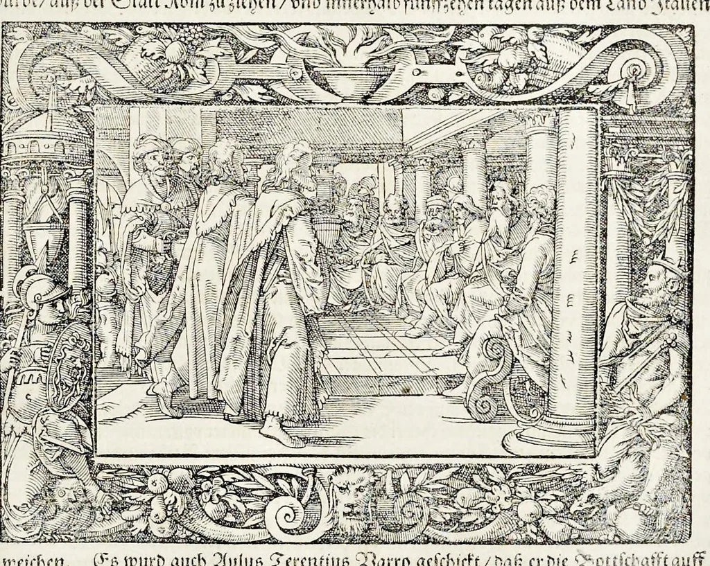 An illustration from Von Ankunfft vnnd Vrsprung des Römischen Reichs : der alten Römer Herkommen, Sitten, Weissheyt, Ehrbarkeyt, löblichem Regiment, Ritterlichen Thaten, Victori vnnd Sig gegen ihren Feinden : auch von allerley Händeln vñ Geschichten, so sich in Frid vnd Krieg, zu Rom, in Italia, vnd bei andern Nationen, damit die Römer jeder Zeit zu thuen gehabt, fast jnnerhalb achthundert Jaren, von Erbawung der Statt an, erstlich vnter der Könige vnnd volgends vnter der Rathesmaister Regiment, biss auff der ersten Römischen Keyser Regierung verloffen vnd zugetragen : jetzund auff dass newe auss dem Latein verteutscht, vnd mit ordenlicher Verzeychniss der fürnemsten Historien, Jarrechnung, kurtzer Liuischen Chronica, Register, vnd schönen Figuren geziert, dessgleichen vor hin im Truck nie aussgangen, 1574, leaf 616