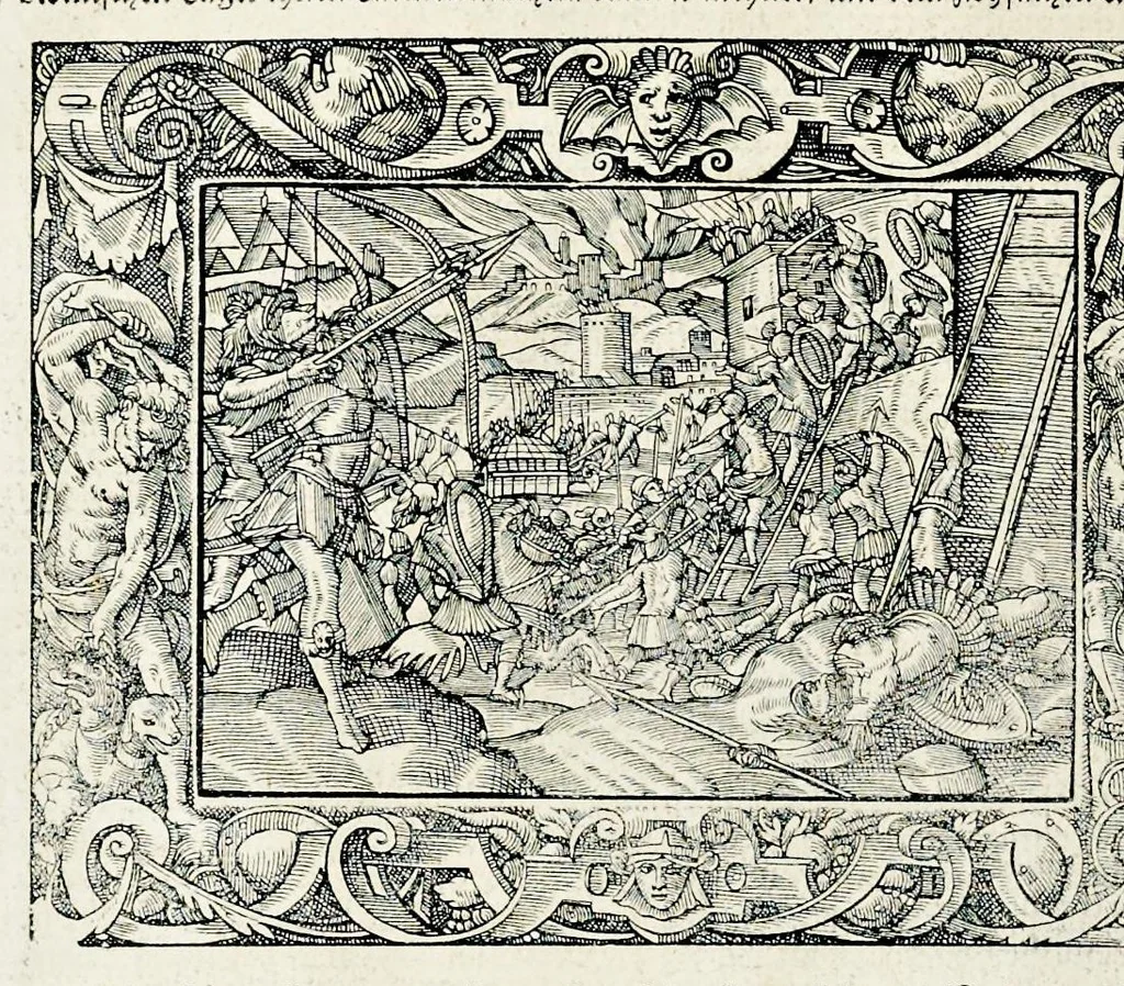 An illustration from Von Ankunfft vnnd Vrsprung des Römischen Reichs : der alten Römer Herkommen, Sitten, Weissheyt, Ehrbarkeyt, löblichem Regiment, Ritterlichen Thaten, Victori vnnd Sig gegen ihren Feinden : auch von allerley Händeln vñ Geschichten, so sich in Frid vnd Krieg, zu Rom, in Italia, vnd bei andern Nationen, damit die Römer jeder Zeit zu thuen gehabt, fast jnnerhalb achthundert Jaren, von Erbawung der Statt an, erstlich vnter der Könige vnnd volgends vnter der Rathesmaister Regiment, biss auff der ersten Römischen Keyser Regierung verloffen vnd zugetragen : jetzund auff dass newe auss dem Latein verteutscht, vnd mit ordenlicher Verzeychniss der fürnemsten Historien, Jarrechnung, kurtzer Liuischen Chronica, Register, vnd schönen Figuren geziert, dessgleichen vor hin im Truck nie aussgangen, 1574, leaf 629