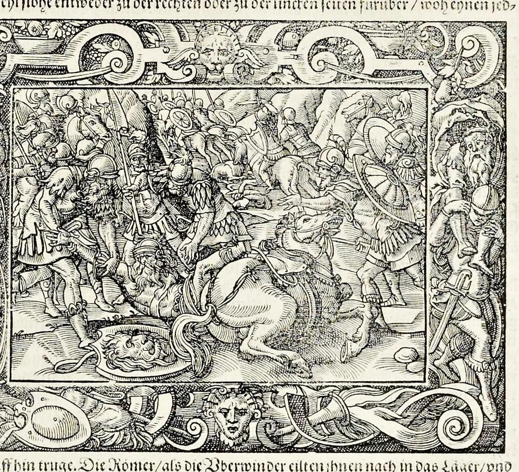 An illustration from Von Ankunfft vnnd Vrsprung des Römischen Reichs : der alten Römer Herkommen, Sitten, Weissheyt, Ehrbarkeyt, löblichem Regiment, Ritterlichen Thaten, Victori vnnd Sig gegen ihren Feinden : auch von allerley Händeln vñ Geschichten, so sich in Frid vnd Krieg, zu Rom, in Italia, vnd bei andern Nationen, damit die Römer jeder Zeit zu thuen gehabt, fast jnnerhalb achthundert Jaren, von Erbawung der Statt an, erstlich vnter der Könige vnnd volgends vnter der Rathesmaister Regiment, biss auff der ersten Römischen Keyser Regierung verloffen vnd zugetragen : jetzund auff dass newe auss dem Latein verteutscht, vnd mit ordenlicher Verzeychniss der fürnemsten Historien, Jarrechnung, kurtzer Liuischen Chronica, Register, vnd schönen Figuren geziert, dessgleichen vor hin im Truck nie aussgangen, 1574, leaf 646