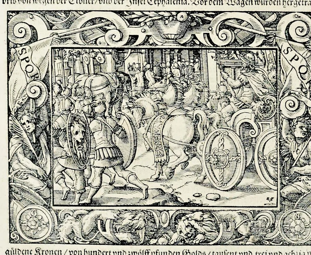 An illustration from Von Ankunfft vnnd Vrsprung des Römischen Reichs : der alten Römer Herkommen, Sitten, Weissheyt, Ehrbarkeyt, löblichem Regiment, Ritterlichen Thaten, Victori vnnd Sig gegen ihren Feinden : auch von allerley Händeln vñ Geschichten, so sich in Frid vnd Krieg, zu Rom, in Italia, vnd bei andern Nationen, damit die Römer jeder Zeit zu thuen gehabt, fast jnnerhalb achthundert Jaren, von Erbawung der Statt an, erstlich vnter der Könige vnnd volgends vnter der Rathesmaister Regiment, biss auff der ersten Römischen Keyser Regierung verloffen vnd zugetragen : jetzund auff dass newe auss dem Latein verteutscht, vnd mit ordenlicher Verzeychniss der fürnemsten Historien, Jarrechnung, kurtzer Liuischen Chronica, Register, vnd schönen Figuren geziert, dessgleichen vor hin im Truck nie aussgangen, 1574, leaf 673
