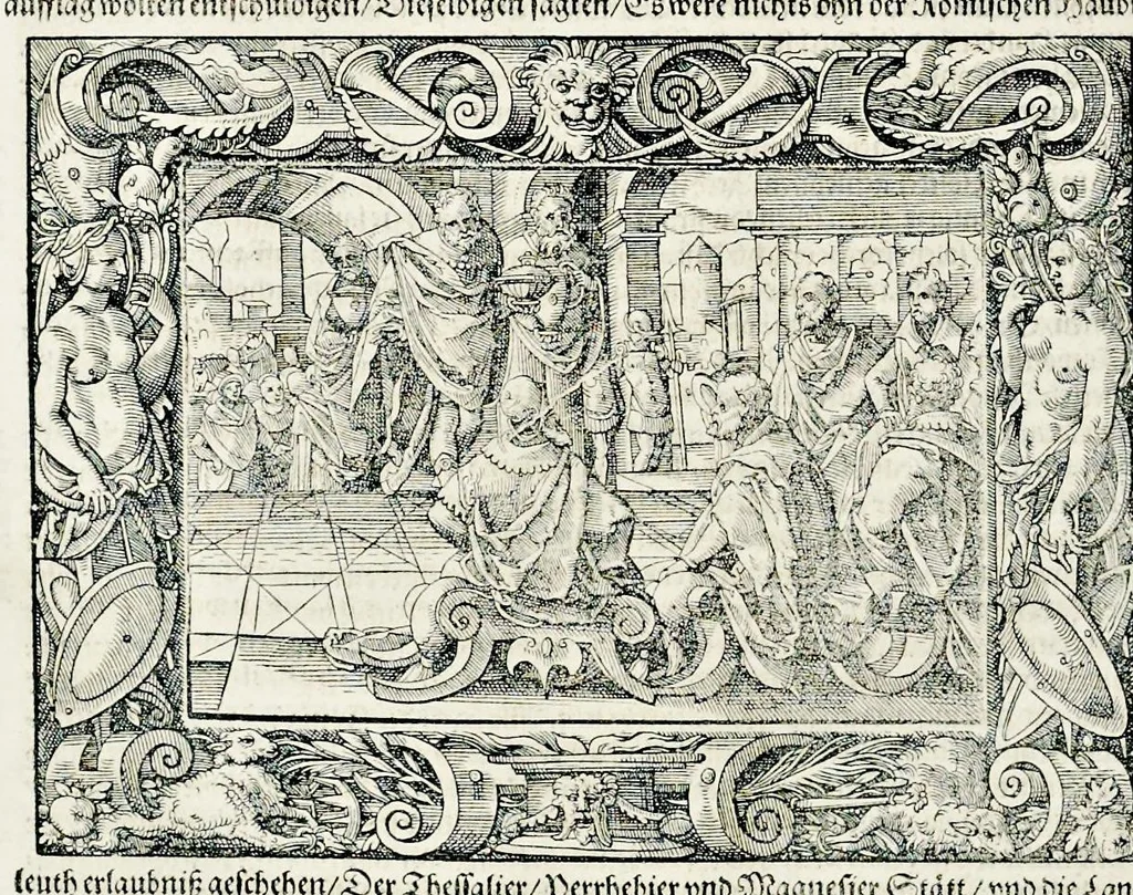 An illustration from Von Ankunfft vnnd Vrsprung des Römischen Reichs : der alten Römer Herkommen, Sitten, Weissheyt, Ehrbarkeyt, löblichem Regiment, Ritterlichen Thaten, Victori vnnd Sig gegen ihren Feinden : auch von allerley Händeln vñ Geschichten, so sich in Frid vnd Krieg, zu Rom, in Italia, vnd bei andern Nationen, damit die Römer jeder Zeit zu thuen gehabt, fast jnnerhalb achthundert Jaren, von Erbawung der Statt an, erstlich vnter der Könige vnnd volgends vnter der Rathesmaister Regiment, biss auff der ersten Römischen Keyser Regierung verloffen vnd zugetragen : jetzund auff dass newe auss dem Latein verteutscht, vnd mit ordenlicher Verzeychniss der fürnemsten Historien, Jarrechnung, kurtzer Liuischen Chronica, Register, vnd schönen Figuren geziert, dessgleichen vor hin im Truck nie aussgangen, 1574, leaf 685