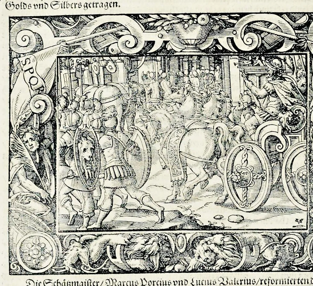 An illustration from Von Ankunfft vnnd Vrsprung des Römischen Reichs : der alten Römer Herkommen, Sitten, Weissheyt, Ehrbarkeyt, löblichem Regiment, Ritterlichen Thaten, Victori vnnd Sig gegen ihren Feinden : auch von allerley Händeln vñ Geschichten, so sich in Frid vnd Krieg, zu Rom, in Italia, vnd bei andern Nationen, damit die Römer jeder Zeit zu thuen gehabt, fast jnnerhalb achthundert Jaren, von Erbawung der Statt an, erstlich vnter der Könige vnnd volgends vnter der Rathesmaister Regiment, biss auff der ersten Römischen Keyser Regierung verloffen vnd zugetragen : jetzund auff dass newe auss dem Latein verteutscht, vnd mit ordenlicher Verzeychniss der fürnemsten Historien, Jarrechnung, kurtzer Liuischen Chronica, Register, vnd schönen Figuren geziert, dessgleichen vor hin im Truck nie aussgangen, 1574, leaf 699