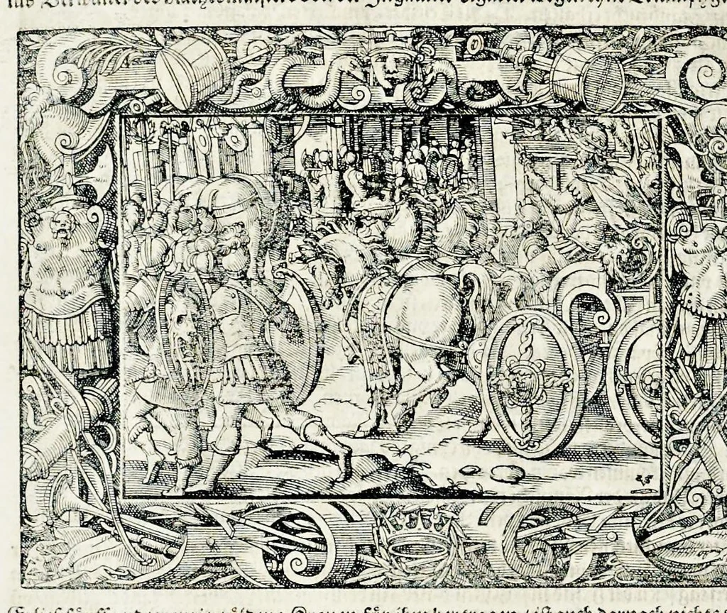 An illustration from Von Ankunfft vnnd Vrsprung des Römischen Reichs : der alten Römer Herkommen, Sitten, Weissheyt, Ehrbarkeyt, löblichem Regiment, Ritterlichen Thaten, Victori vnnd Sig gegen ihren Feinden : auch von allerley Händeln vñ Geschichten, so sich in Frid vnd Krieg, zu Rom, in Italia, vnd bei andern Nationen, damit die Römer jeder Zeit zu thuen gehabt, fast jnnerhalb achthundert Jaren, von Erbawung der Statt an, erstlich vnter der Könige vnnd volgends vnter der Rathesmaister Regiment, biss auff der ersten Römischen Keyser Regierung verloffen vnd zugetragen : jetzund auff dass newe auss dem Latein verteutscht, vnd mit ordenlicher Verzeychniss der fürnemsten Historien, Jarrechnung, kurtzer Liuischen Chronica, Register, vnd schönen Figuren geziert, dessgleichen vor hin im Truck nie aussgangen, 1574, leaf 731