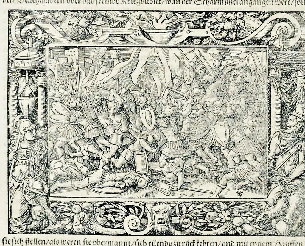 An illustration from Von Ankunfft vnnd Vrsprung des Römischen Reichs : der alten Römer Herkommen, Sitten, Weissheyt, Ehrbarkeyt, löblichem Regiment, Ritterlichen Thaten, Victori vnnd Sig gegen ihren Feinden : auch von allerley Händeln vñ Geschichten, so sich in Frid vnd Krieg, zu Rom, in Italia, vnd bei andern Nationen, damit die Römer jeder Zeit zu thuen gehabt, fast jnnerhalb achthundert Jaren, von Erbawung der Statt an, erstlich vnter der Könige vnnd volgends vnter der Rathesmaister Regiment, biss auff der ersten Römischen Keyser Regierung verloffen vnd zugetragen : jetzund auff dass newe auss dem Latein verteutscht, vnd mit ordenlicher Verzeychniss der fürnemsten Historien, Jarrechnung, kurtzer Liuischen Chronica, Register, vnd schönen Figuren geziert, dessgleichen vor hin im Truck nie aussgangen, 1574, leaf 741