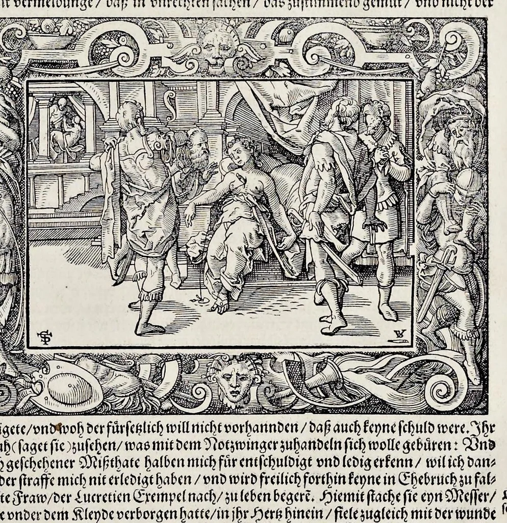 An illustration from Von Ankunfft vnnd Vrsprung des Römischen Reichs : der alten Römer Herkommen, Sitten, Weissheyt, Ehrbarkeyt, löblichem Regiment, Ritterlichen Thaten, Victori vnnd Sig gegen ihren Feinden : auch von allerley Händeln vñ Geschichten, so sich in Frid vnd Krieg, zu Rom, in Italia, vnd bei andern Nationen, damit die Römer jeder Zeit zu thuen gehabt, fast jnnerhalb achthundert Jaren, von Erbawung der Statt an, erstlich vnter der Könige vnnd volgends vnter der Rathesmaister Regiment, biss auff der ersten Römischen Keyser Regierung verloffen vnd zugetragen : jetzund auff dass newe auss dem Latein verteutscht, vnd mit ordenlicher Verzeychniss der fürnemsten Historien, Jarrechnung, kurtzer Liuischen Chronica, Register, vnd schönen Figuren geziert, dessgleichen vor hin im Truck nie aussgangen, 1574, leaf 84