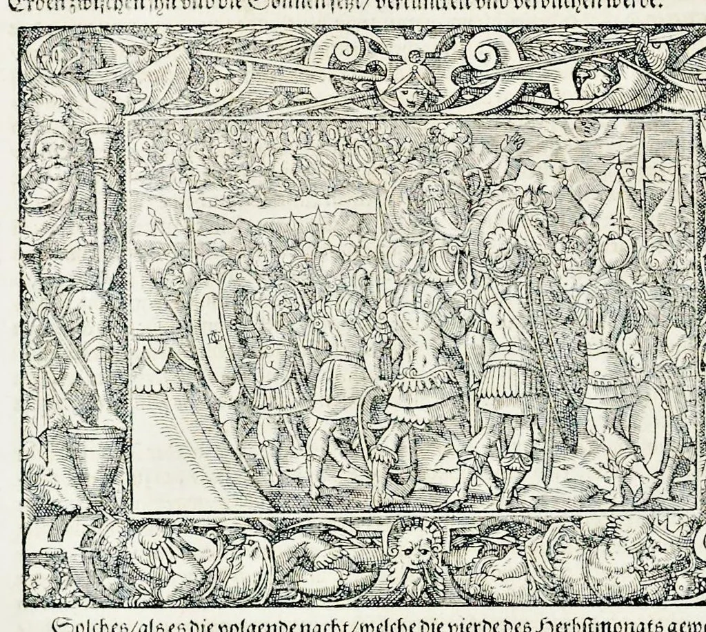 An illustration from Von Ankunfft vnnd Vrsprung des Römischen Reichs : der alten Römer Herkommen, Sitten, Weissheyt, Ehrbarkeyt, löblichem Regiment, Ritterlichen Thaten, Victori vnnd Sig gegen ihren Feinden : auch von allerley Händeln vñ Geschichten, so sich in Frid vnd Krieg, zu Rom, in Italia, vnd bei andern Nationen, damit die Römer jeder Zeit zu thuen gehabt, fast jnnerhalb achthundert Jaren, von Erbawung der Statt an, erstlich vnter der Könige vnnd volgends vnter der Rathesmaister Regiment, biss auff der ersten Römischen Keyser Regierung verloffen vnd zugetragen : jetzund auff dass newe auss dem Latein verteutscht, vnd mit ordenlicher Verzeychniss der fürnemsten Historien, Jarrechnung, kurtzer Liuischen Chronica, Register, vnd schönen Figuren geziert, dessgleichen vor hin im Truck nie aussgangen, 1574, leaf 849