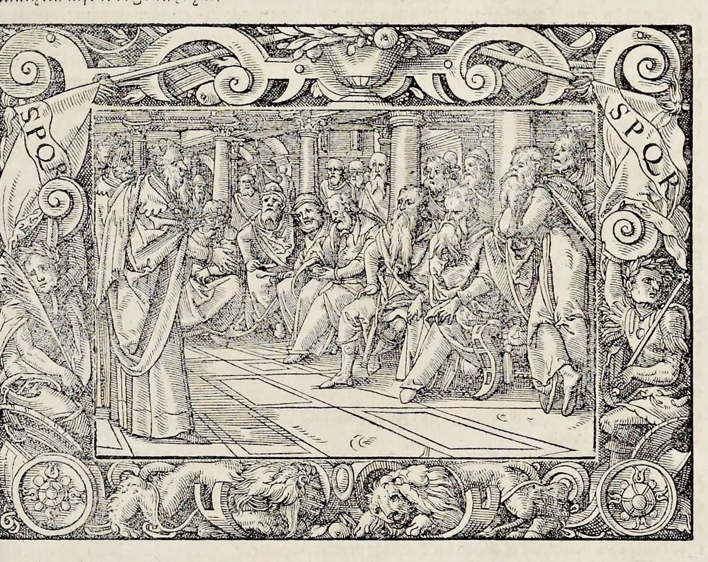 An illustration from Von Ankunfft vnnd Vrsprung des Römischen Reichs : der alten Römer Herkommen, Sitten, Weissheyt, Ehrbarkeyt, löblichem Regiment, Ritterlichen Thaten, Victori vnnd Sig gegen ihren Feinden : auch von allerley Händeln vñ Geschichten, so sich in Frid vnd Krieg, zu Rom, in Italia, vnd bei andern Nationen, damit die Römer jeder Zeit zu thuen gehabt, fast jnnerhalb achthundert Jaren, von Erbawung der Statt an, erstlich vnter der Könige vnnd volgends vnter der Rathesmaister Regiment, biss auff der ersten Römischen Keyser Regierung verloffen vnd zugetragen : jetzund auff dass newe auss dem Latein verteutscht, vnd mit ordenlicher Verzeychniss der fürnemsten Historien, Jarrechnung, kurtzer Liuischen Chronica, Register, vnd schönen Figuren geziert, dessgleichen vor hin im Truck nie aussgangen, 1574, leaf 88