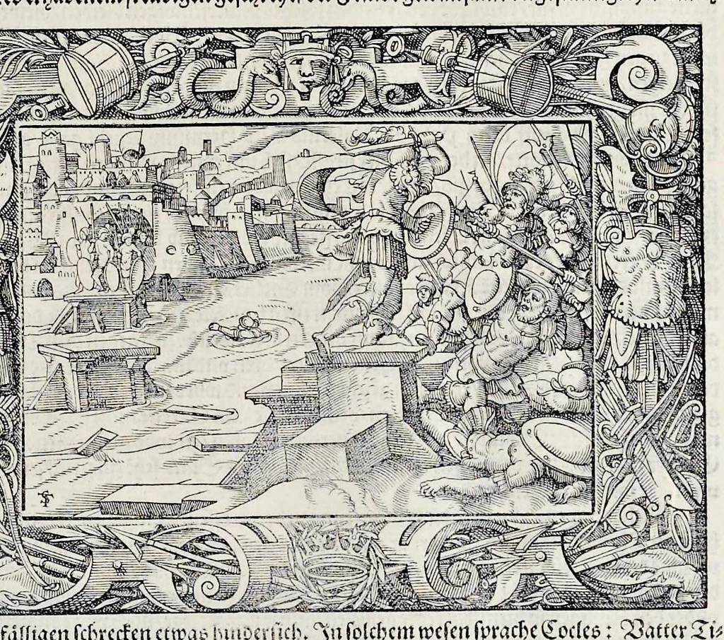 An illustration from Von Ankunfft vnnd Vrsprung des Römischen Reichs : der alten Römer Herkommen, Sitten, Weissheyt, Ehrbarkeyt, löblichem Regiment, Ritterlichen Thaten, Victori vnnd Sig gegen ihren Feinden : auch von allerley Händeln vñ Geschichten, so sich in Frid vnd Krieg, zu Rom, in Italia, vnd bei andern Nationen, damit die Römer jeder Zeit zu thuen gehabt, fast jnnerhalb achthundert Jaren, von Erbawung der Statt an, erstlich vnter der Könige vnnd volgends vnter der Rathesmaister Regiment, biss auff der ersten Römischen Keyser Regierung verloffen vnd zugetragen : jetzund auff dass newe auss dem Latein verteutscht, vnd mit ordenlicher Verzeychniss der fürnemsten Historien, Jarrechnung, kurtzer Liuischen Chronica, Register, vnd schönen Figuren geziert, dessgleichen vor hin im Truck nie aussgangen, 1574, leaf 96