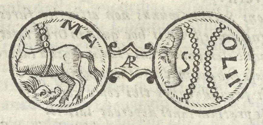 An illustration from Gli Arronzij, ouero, De' marmi antichi. Doue con la vita di Lucio Arronzio Stella e di Marco Arronzio Aquila padouani, si hà notizia delle antichità, riti, monete, medaglie, magistrati, e sacerdozj di Roma, di Padoua, dell'Italia, e dell'Imperio Romano, 1655, leaf 131