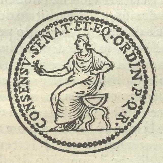 An illustration from Gli Arronzij, ouero, De' marmi antichi. Doue con la vita di Lucio Arronzio Stella e di Marco Arronzio Aquila padouani, si hà notizia delle antichità, riti, monete, medaglie, magistrati, e sacerdozj di Roma, di Padoua, dell'Italia, e dell'Imperio Romano, 1655, leaf 50