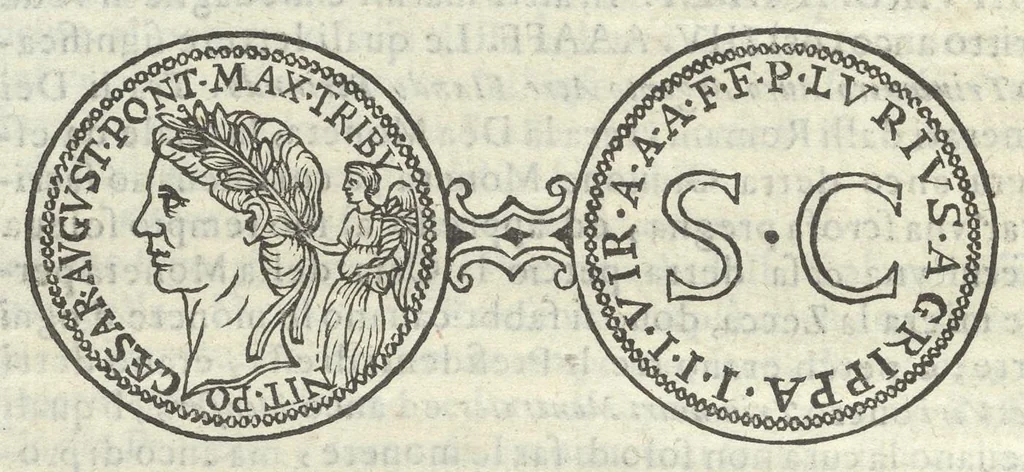 An illustration from Gli Arronzij, ouero, De' marmi antichi. Doue con la vita di Lucio Arronzio Stella e di Marco Arronzio Aquila padouani, si hà notizia delle antichità, riti, monete, medaglie, magistrati, e sacerdozj di Roma, di Padoua, dell'Italia, e dell'Imperio Romano, 1655, leaf 57