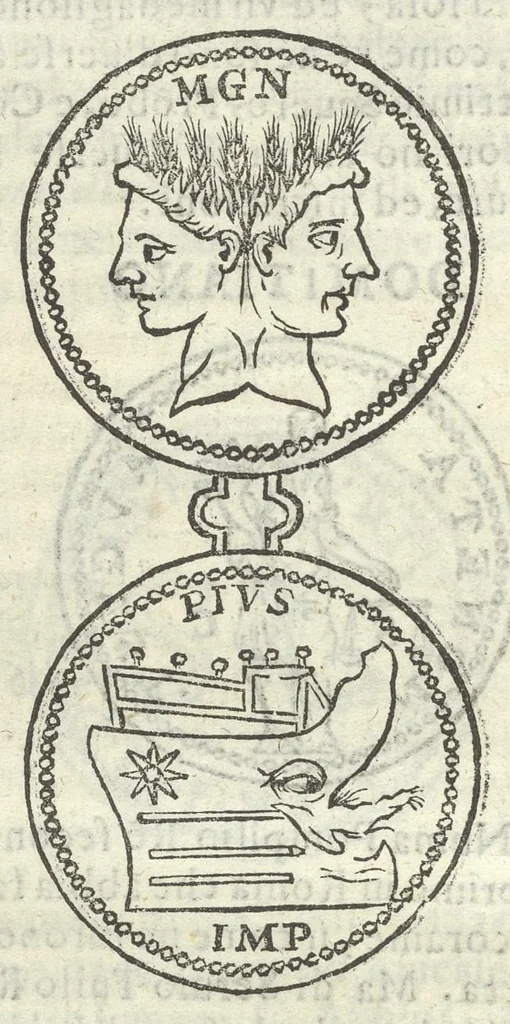 An illustration from Gli Arronzij, ouero, De' marmi antichi. Doue con la vita di Lucio Arronzio Stella e di Marco Arronzio Aquila padouani, si hà notizia delle antichità, riti, monete, medaglie, magistrati, e sacerdozj di Roma, di Padoua, dell'Italia, e dell'Imperio Romano, 1655, leaf 59