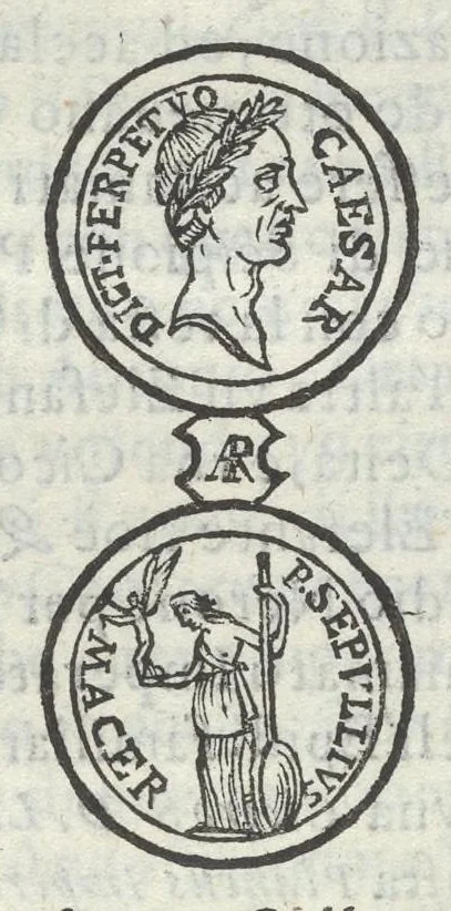 An illustration from Gli Arronzij, ouero, De' marmi antichi. Doue con la vita di Lucio Arronzio Stella e di Marco Arronzio Aquila padouani, si hà notizia delle antichità, riti, monete, medaglie, magistrati, e sacerdozj di Roma, di Padoua, dell'Italia, e dell'Imperio Romano, 1655, leaf 66