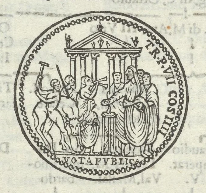 An illustration from Gli Arronzij, ouero, De' marmi antichi. Doue con la vita di Lucio Arronzio Stella e di Marco Arronzio Aquila padouani, si hà notizia delle antichità, riti, monete, medaglie, magistrati, e sacerdozj di Roma, di Padoua, dell'Italia, e dell'Imperio Romano, 1655, leaf 77